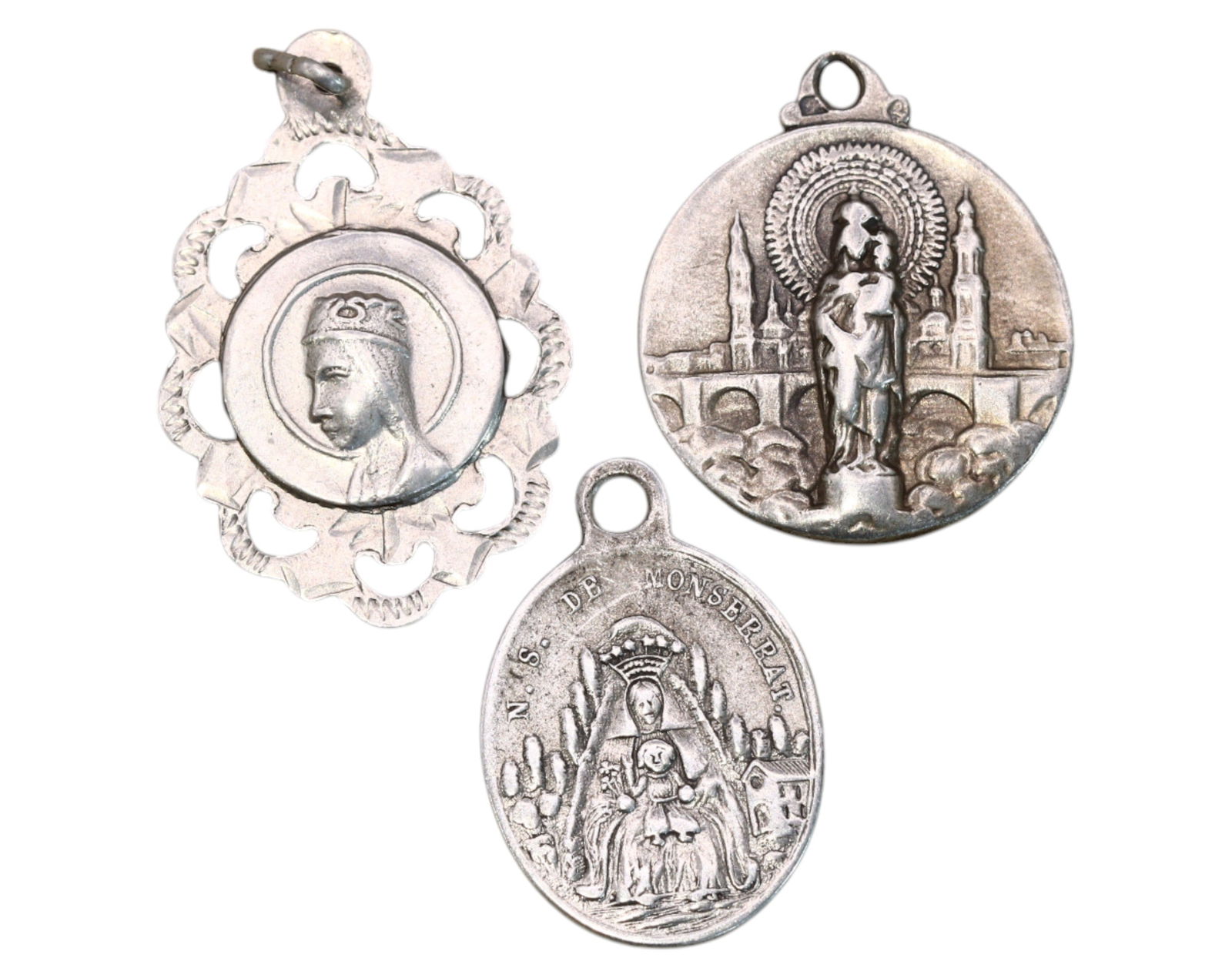 SPAIN: Our Lady of Montserrat & Saint Benedict - Silver-Plated Devotional Medals, 19th-20th Century (1 of 3)
