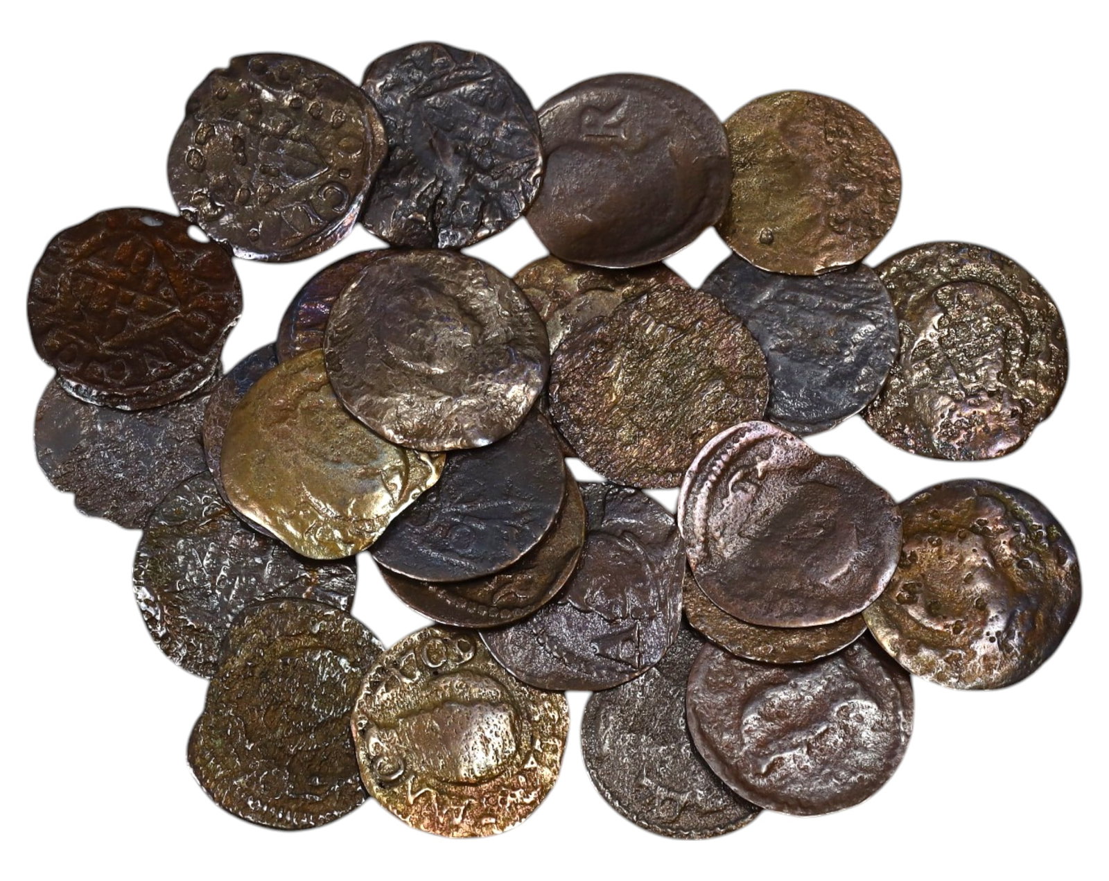 SPAIN: Lot of 25 Ardite Coins - 17th-18th Century (22g, 1.5cm): A fascinating lot of Spanish Ardite coins, struck in copper and circulated between the 17th and 18th centuries under various Spanish monarchs. Each coin, approximately 1.5 cm in diameter and weighing 