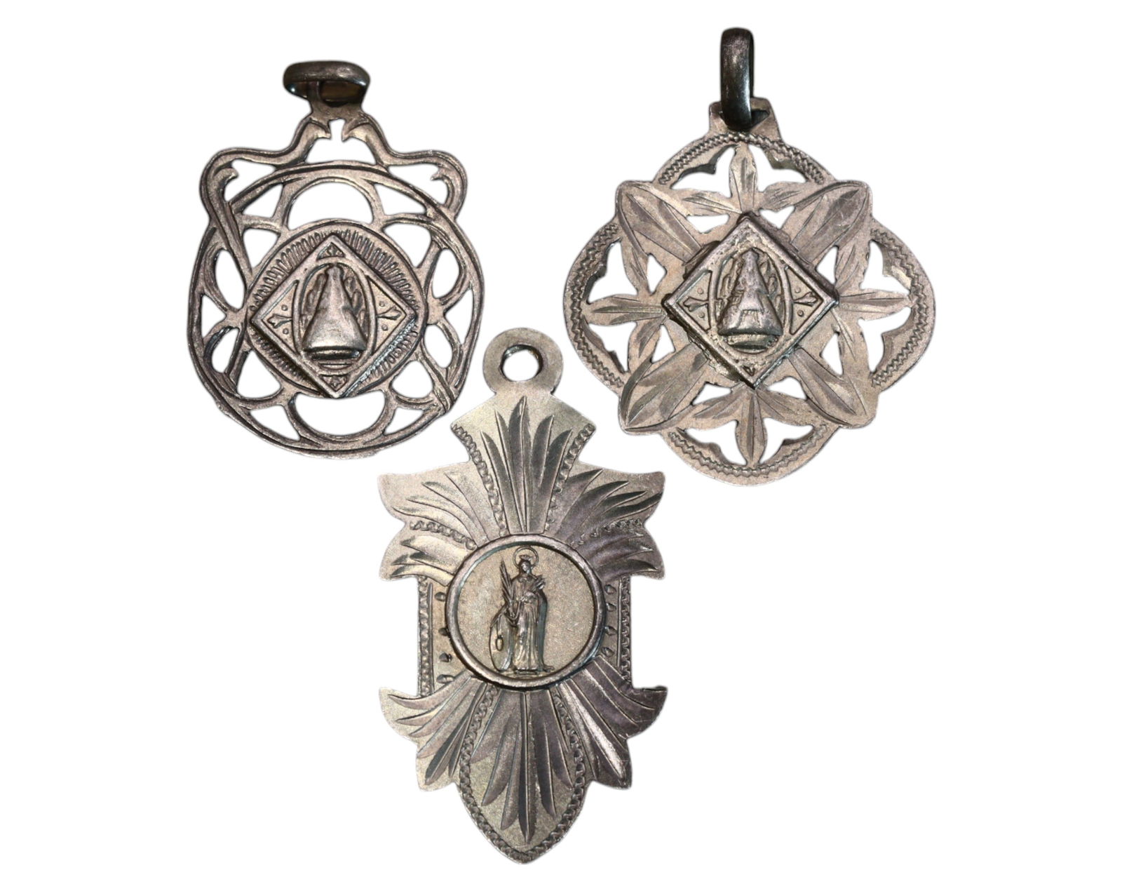SPAIN: Three Devotional Medals - Silvered Metal, Montserrat & Santa Cristina, 19th-20th Century (1 of 3)