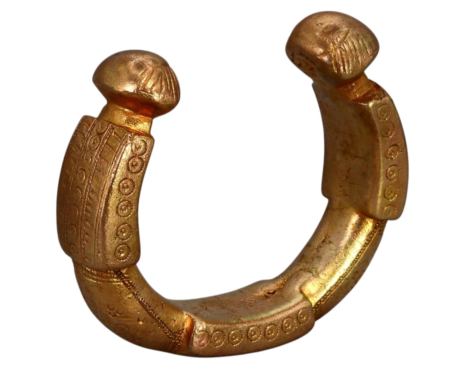 WEST AFRICA: King/Queen Manilla Bracelet Money - Heavy Cast Bronze, 19th-20th Century: A striking example of a King/Queen Manilla, an opulent form of bracelet currency used in West Africa, particularly in regions such as Nigeria and Ghana. Cast in solid bronze and weighing an impressive