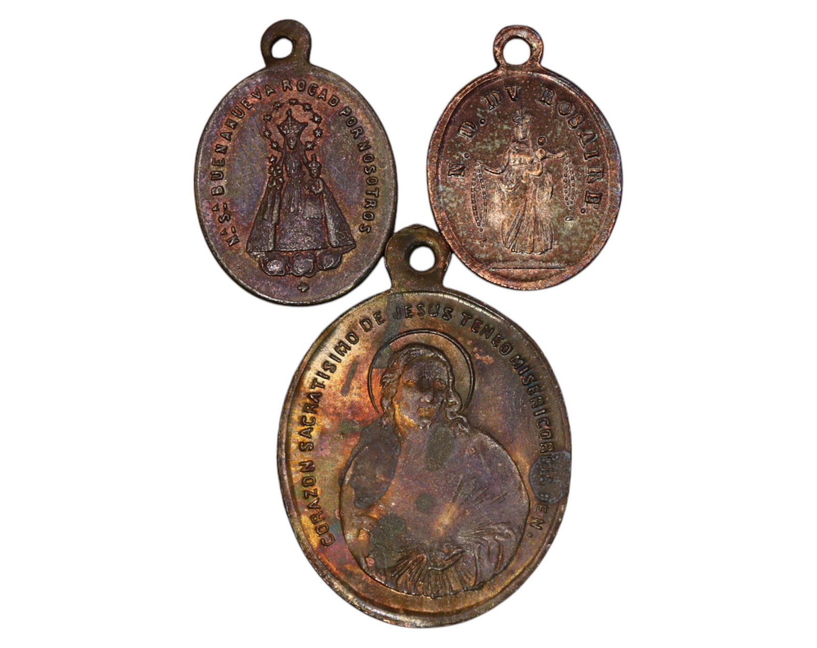 SPAIN: 3 Bronze Devotional Medals - Sacred Heart of Jesus & Virgin of Buen Suceso, 1.8-2.7cm, 3.6g (1 of 3)