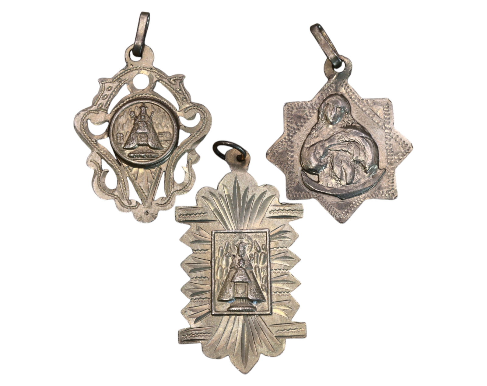 SPAIN: 3 Silver Devotional Medals - Virgin of Montserrat & Marian Figures,  Century, 2.8-3.6cm, 5g (1 of 3)