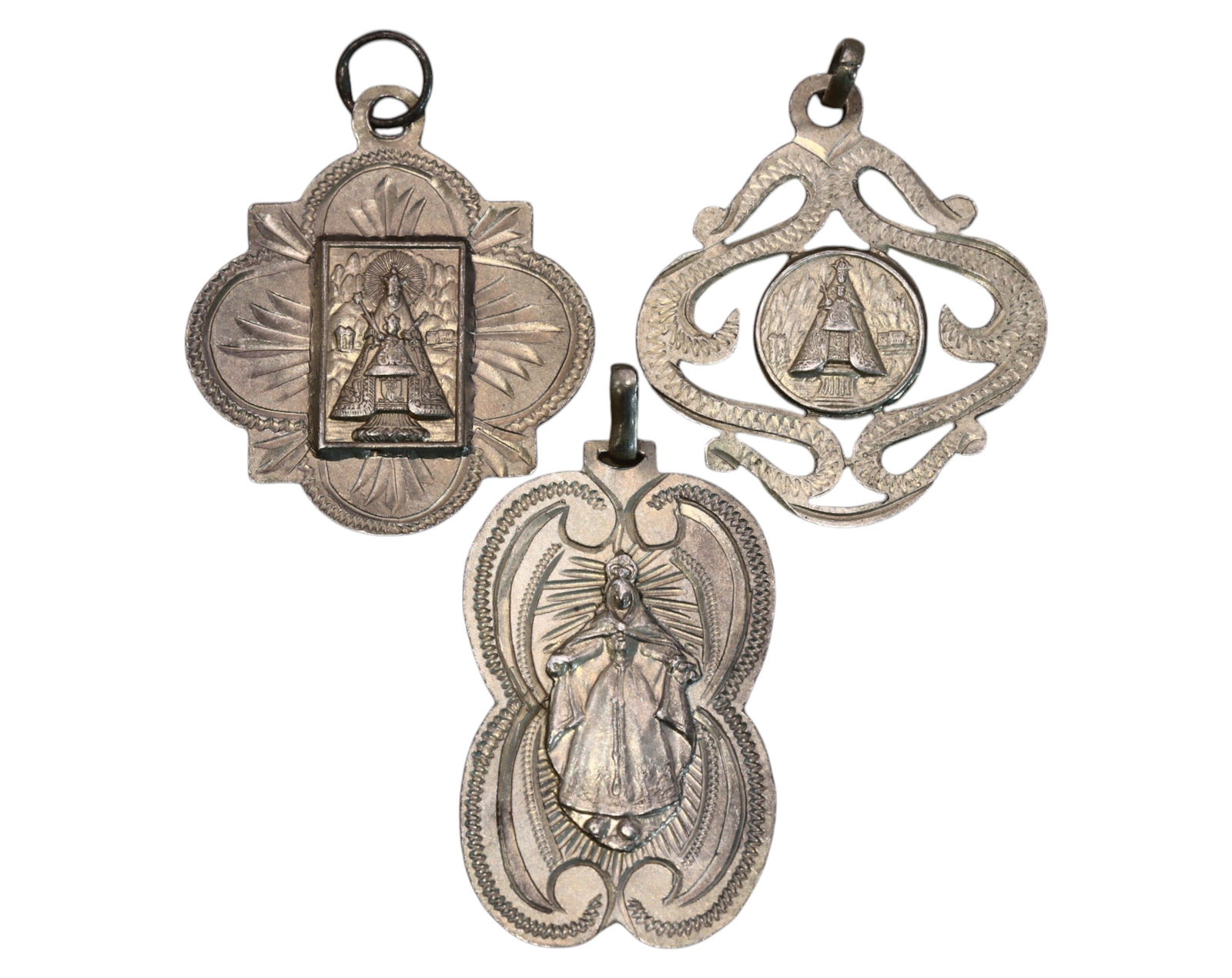 SPAIN: Set of Three Silver Devotional Medals - Virgin of Montserrat & Misericordia, 2.9-3.1cm, 6.4g (1 of 3)