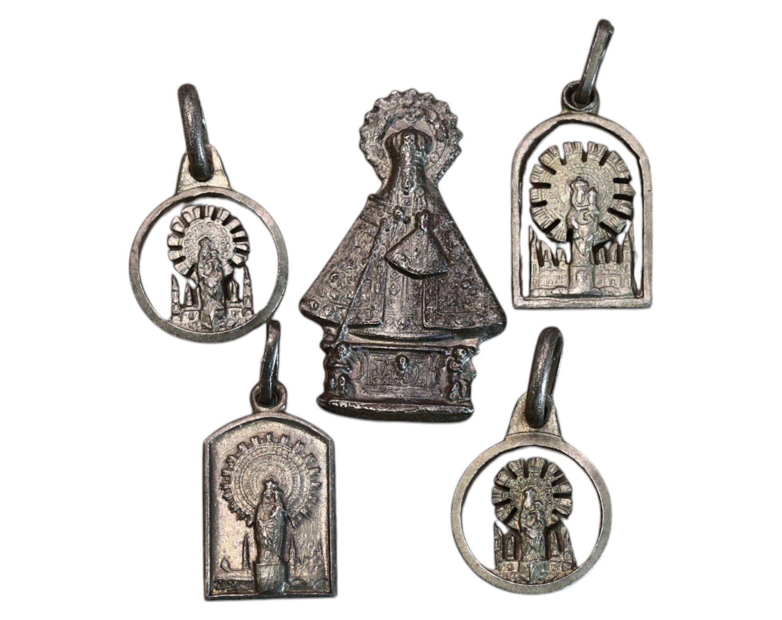 SPAIN: Set of Five Silver Devotional Medals - Virgin of the Pillar, 19th-20th Century, 1.3-2.1cm, 3g (1 of 3)
