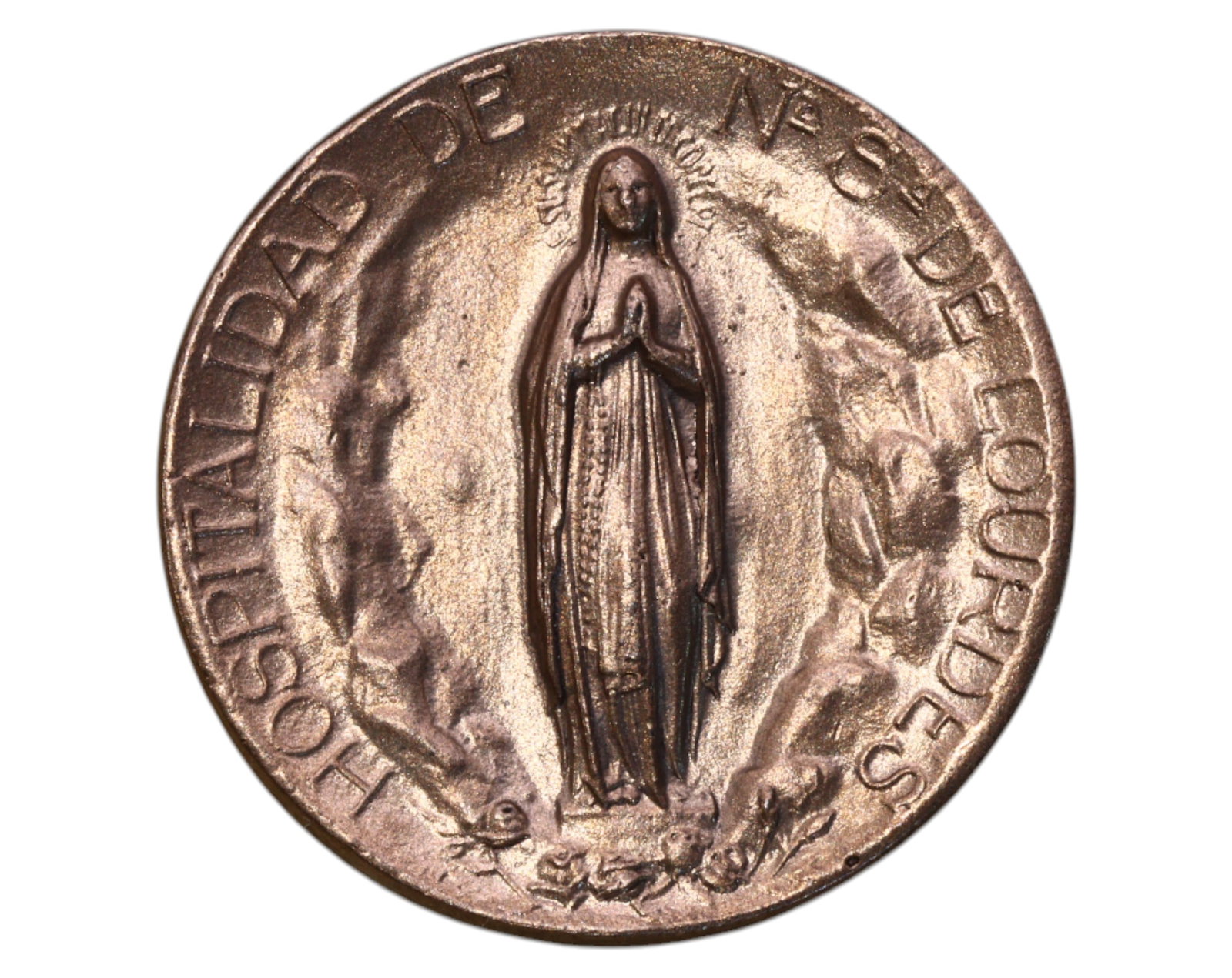 FRANCE: Our Lady of Lourdes Pilgrimage Medal - Bronze, 3cm, 11.3g: A finely cast bronze religious medal honoring Our Lady of Lourdes, measuring 3cm in diameter and weighing 11.3g. The obverse features a raised depiction of the Virgin Mary, standing in prayer within t