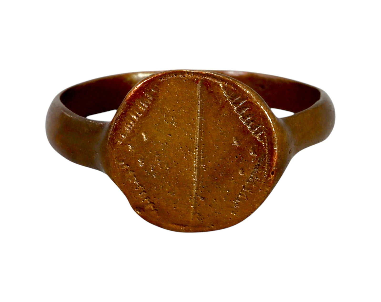 MEDIEVAL EUROPEAN: Bronze Signet Ring - Viking/Norse Influence, 9th-12th Century: A finely preserved medieval bronze signet ring, carefully refurbished to maintain its historical character while ensuring wearability. This lightweight piece, sized at 10.75 US and weighing 2.7g, feat