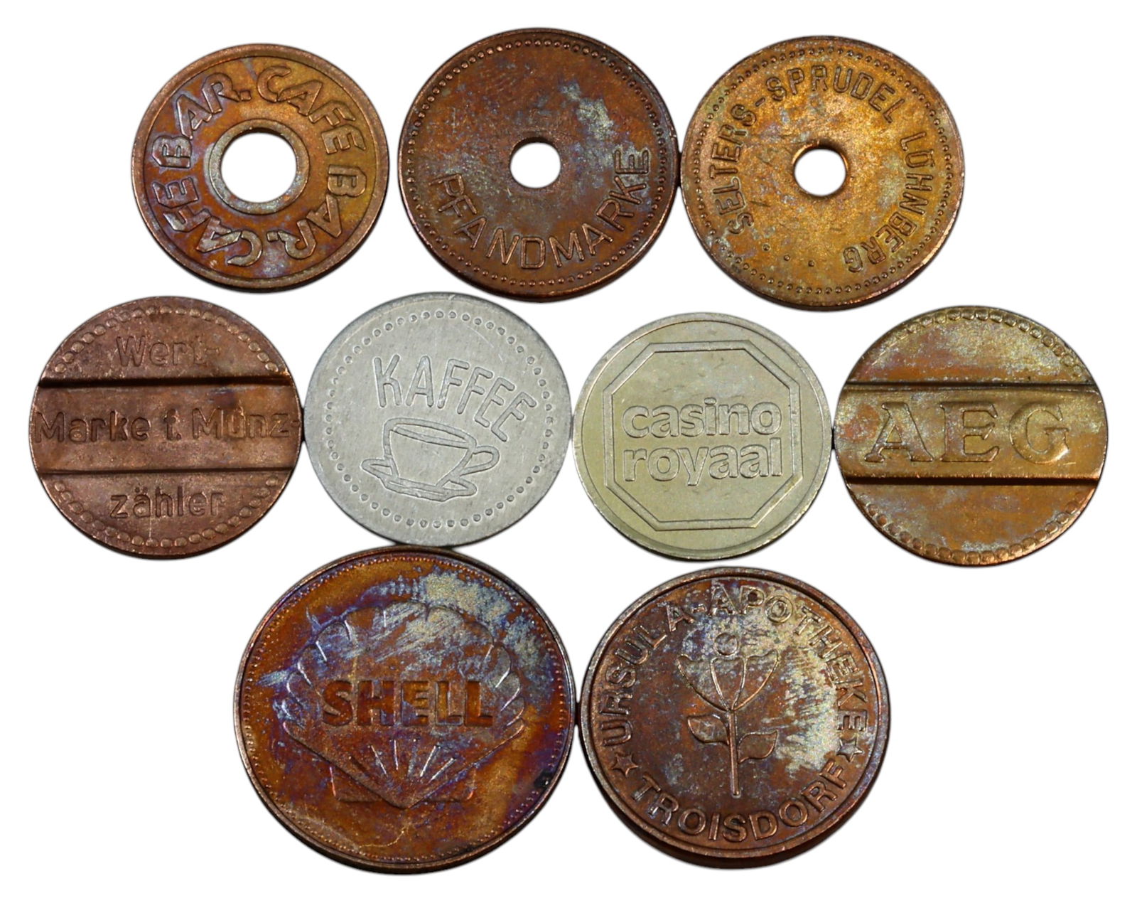 MIXED EUROPEAN TOKENS - 9 PIECES, VARIOUS ISSUES, 38g, 20-25mm (1 of 3)