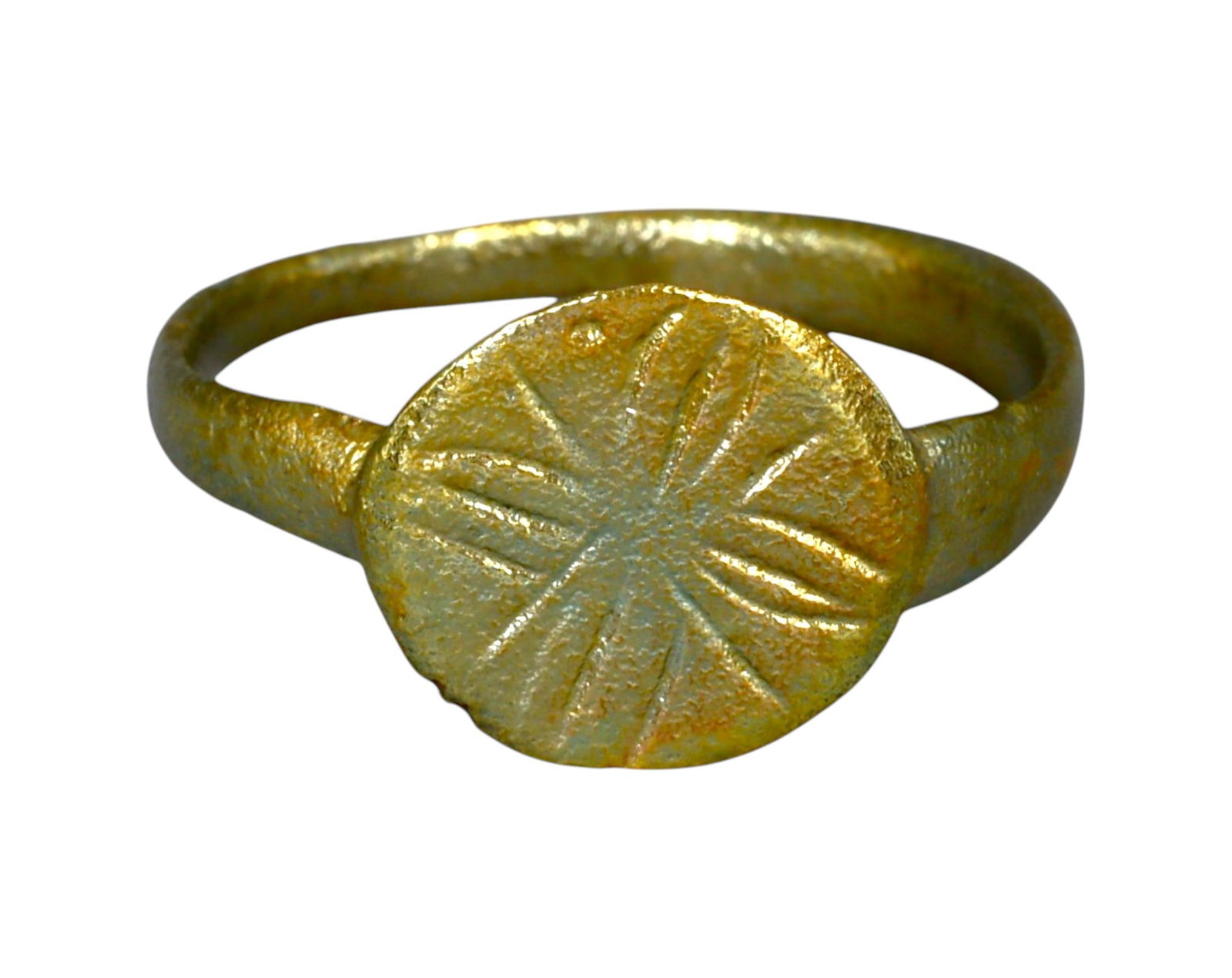 MEDIEVAL EUROPEAN: Bronze Engraved Signet Ring - Carolingian/Viking Era, 9th-12th Century: A finely crafted medieval bronze signet ring, carefully refurbished to retain its historical authenticity while ensuring modern wearability. This lightweight piece, sized at 7.50 US and weighing 2.1g,