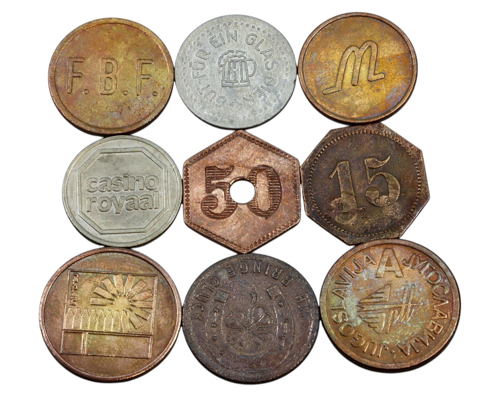 GERMANY & EUROPE: Assorted Casino, Beer & Trade Tokens - Brass & Aluminum, 20th Century (9 Pieces) (1 of 3)