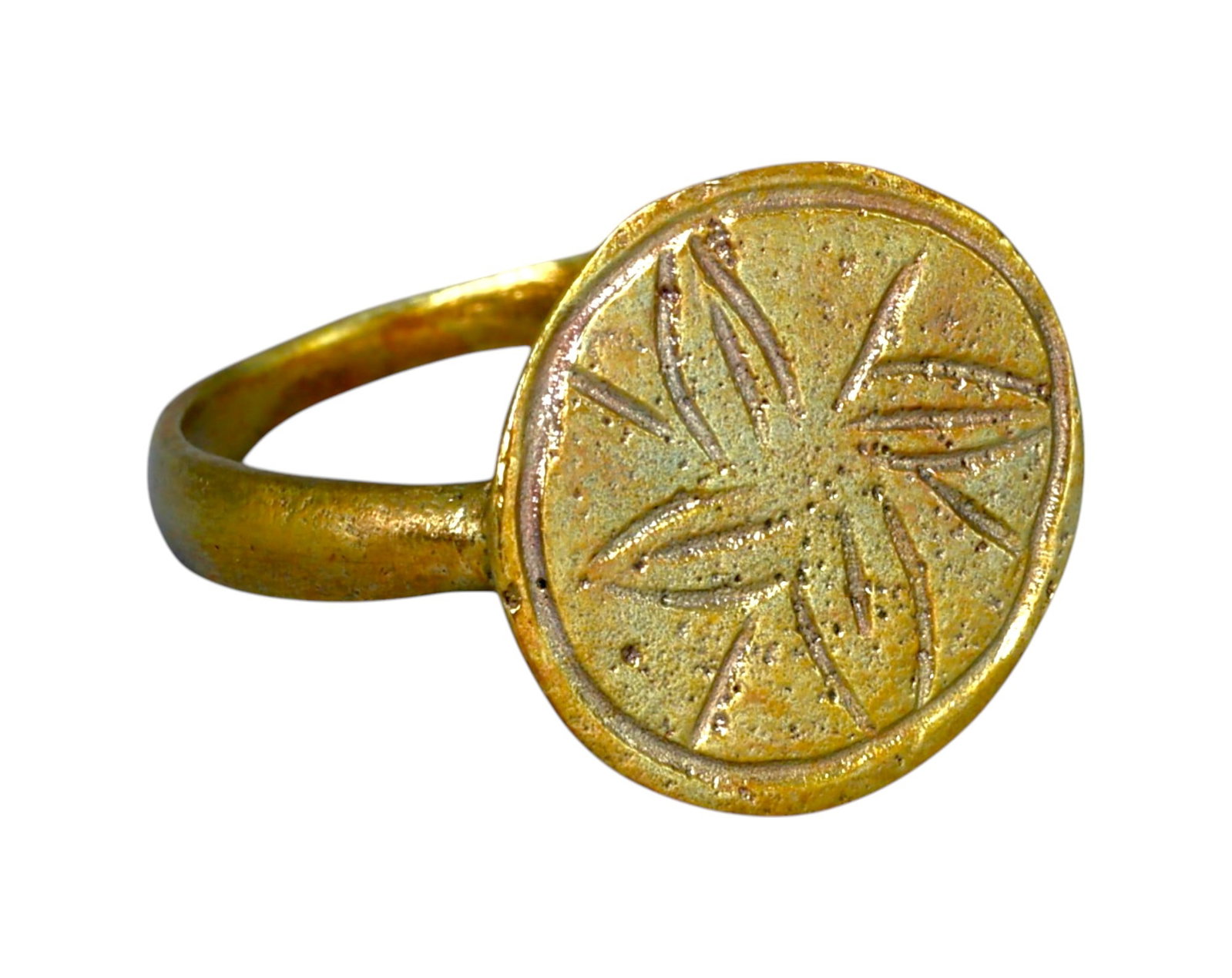MEDIEVAL EUROPEAN: Bronze Engraved Signet Ring - Carolingian/Viking Influence, 9th-12th Century: A finely detailed medieval bronze signet ring, carefully restored while preserving its historical authenticity. This lightweight piece, sized at 6.50 US and weighing 2.4g, features a circular bezel en