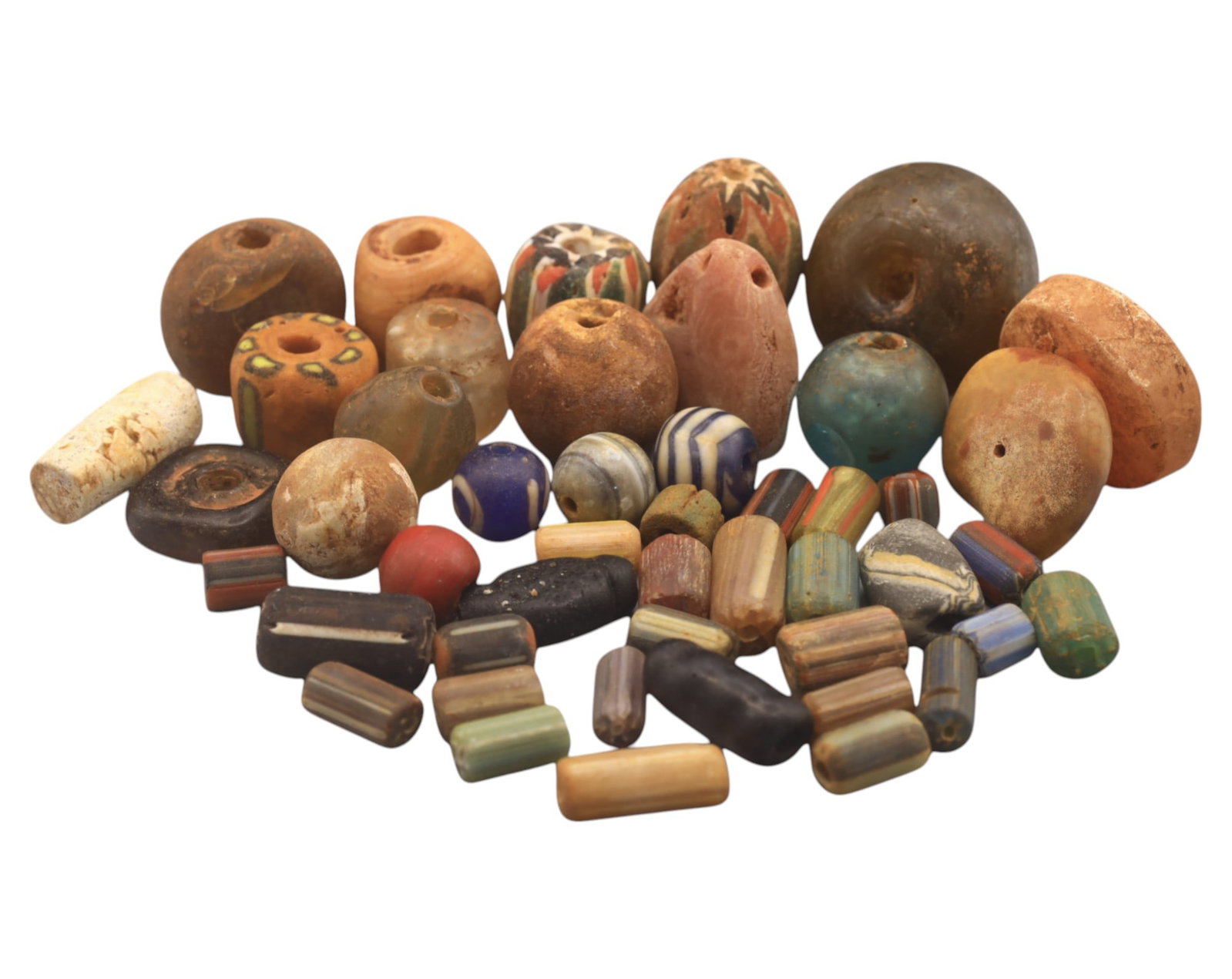 Collection of Vintage Art Glass Beads - Antique & Handmade, 8-25mm, 114g: A captivating assortment of vintage and antique art glass beads, showcasing masterful craftsmanship and unique design elements. These handcrafted beads exhibit intricate detailing, applied textures, a