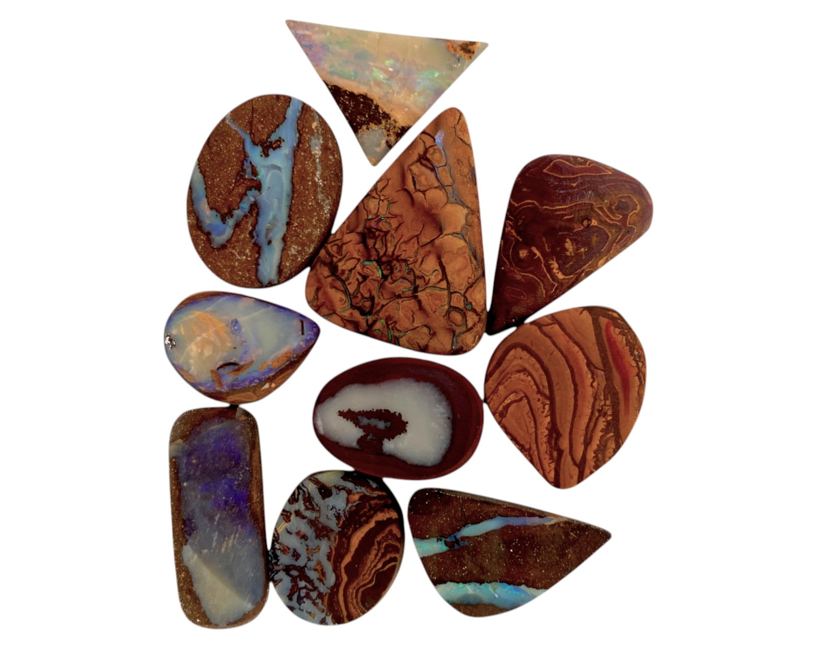 AUSTRALIAN MATRIX BOULDER OPAL - Preform Rough Lot, 10 Pieces, 22.4g, 15-24mm (Images Taken Wet): A dazzling lot of preform Australian matrix boulder opals, with individual sizes. These opals have been rubbed and pre-shaped, highlighting their vibrant natural colors and intricate ironstone matrix 