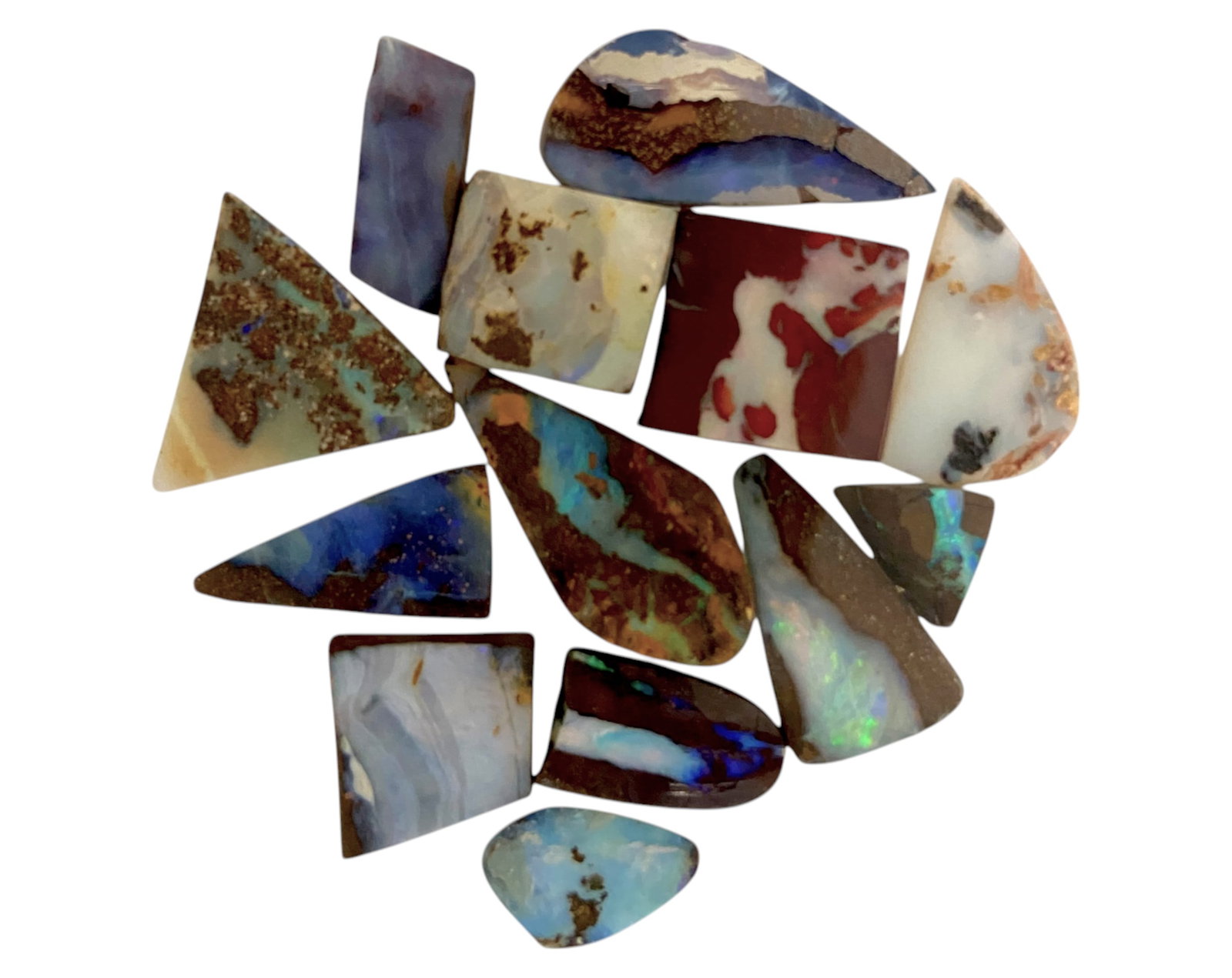AUSTRALIAN MATRIX BOULDER OPAL - Preform Rough Lot, 12 Pieces, 14.2g, 10-12.3mm (Images Taken Wet): A dazzling lot of preform Australian matrix boulder opals, with individual sizes. These opals have been rubbed and pre-shaped, highlighting their vibrant natural colors and intricate ironstone matrix 