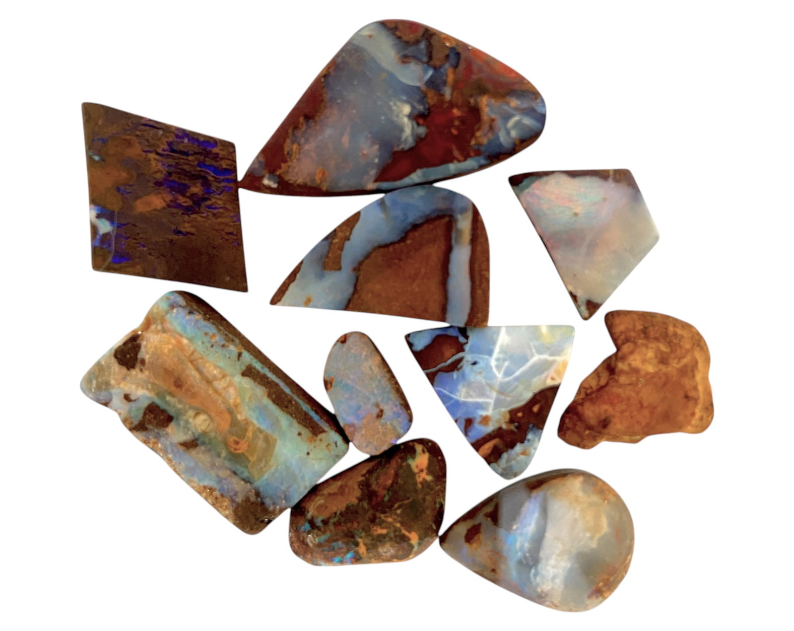 AUSTRALIAN MATRIX BOULDER OPAL - Preform Rough Lot, 9 Pieces, 20.2g, 11-29mm (Images Taken Wet): A dazzling lot of preform Australian matrix boulder opals, with individual sizes. These opals have been rubbed and pre-shaped, highlighting their vibrant natural colors and intricate ironstone matrix 