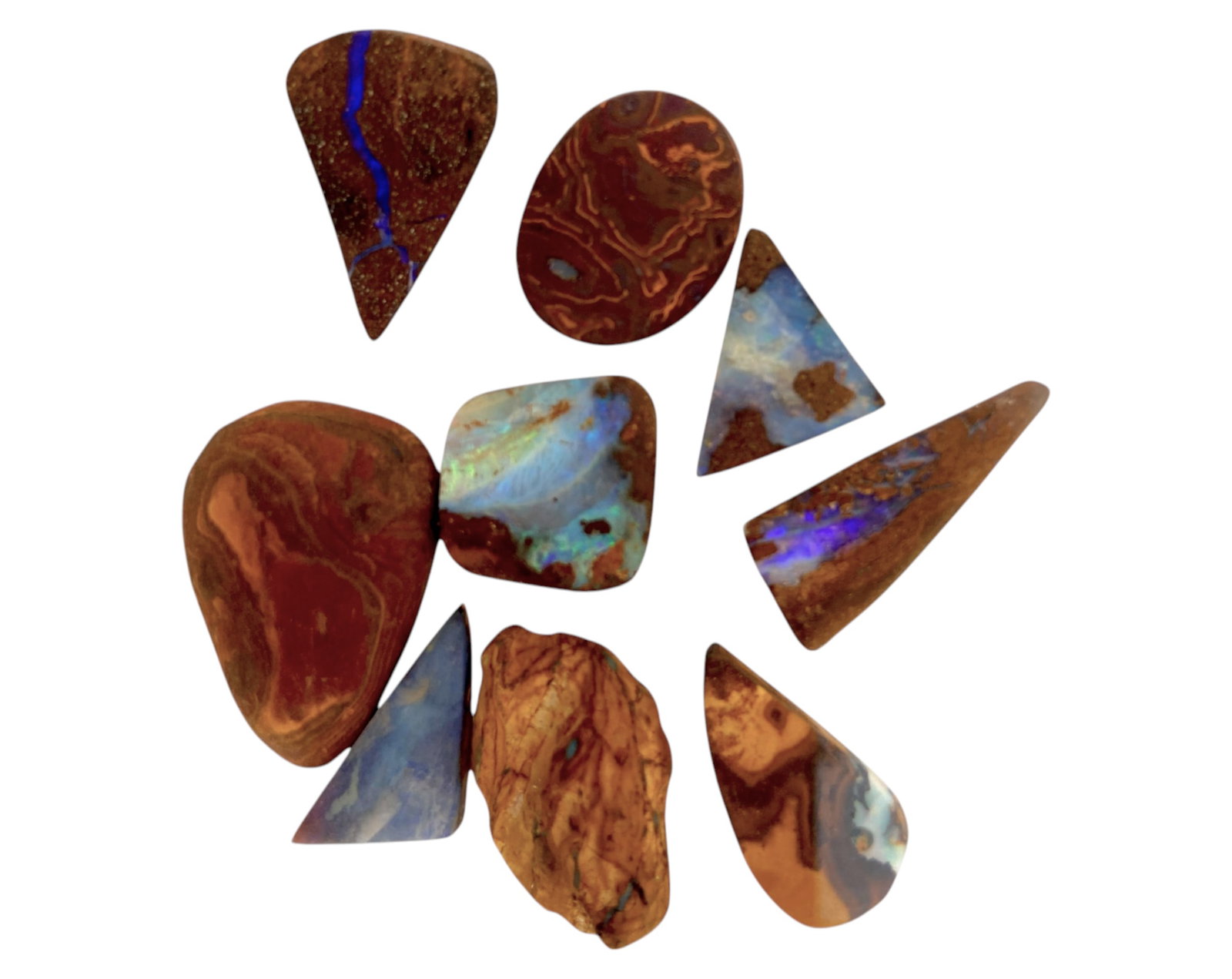 AUSTRALIAN MATRIX BOULDER OPAL - Preform Rough Lot, 10 Pieces, 16g, 14-23.2mm (Images Taken Wet): A dazzling lot of preform Australian matrix boulder opals, with individual sizes. These opals have been rubbed and pre-shaped, highlighting their vibrant natural colors and intricate ironstone matrix 