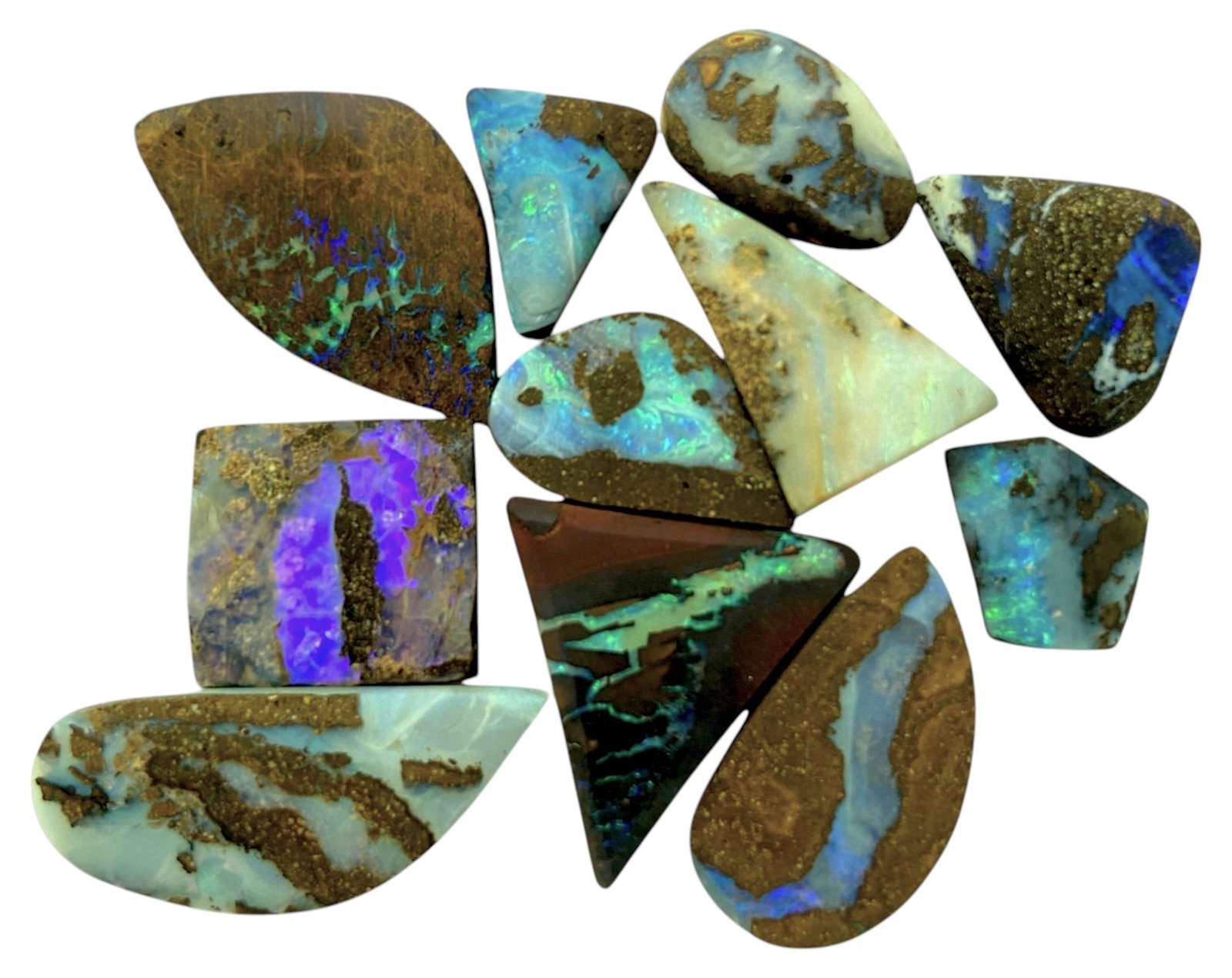 AUSTRALIAN MATRIX BOULDER OPAL - Preform Rough Lot, 11 Pieces, 14g, 11-24.2mm (Images Taken Wet): A dazzling lot of preform Australian matrix boulder opals, with individual sizes. These opals have been rubbed and pre-shaped, highlighting their vibrant natural colors and intricate ironstone matrix 