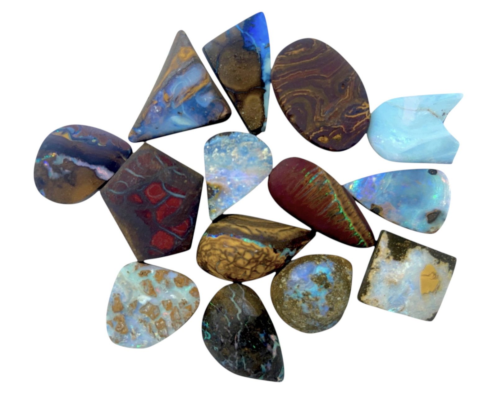 AUSTRALIAN MATRIX BOULDER OPAL - Preform Rough Lot, 14 Pieces, 20g, 13-17mm (Images Taken Wet): A dazzling lot of preform Australian matrix boulder opals, with individual sizes. These opals have been rubbed and pre-shaped, highlighting their vibrant natural colors and intricate ironstone matrix 