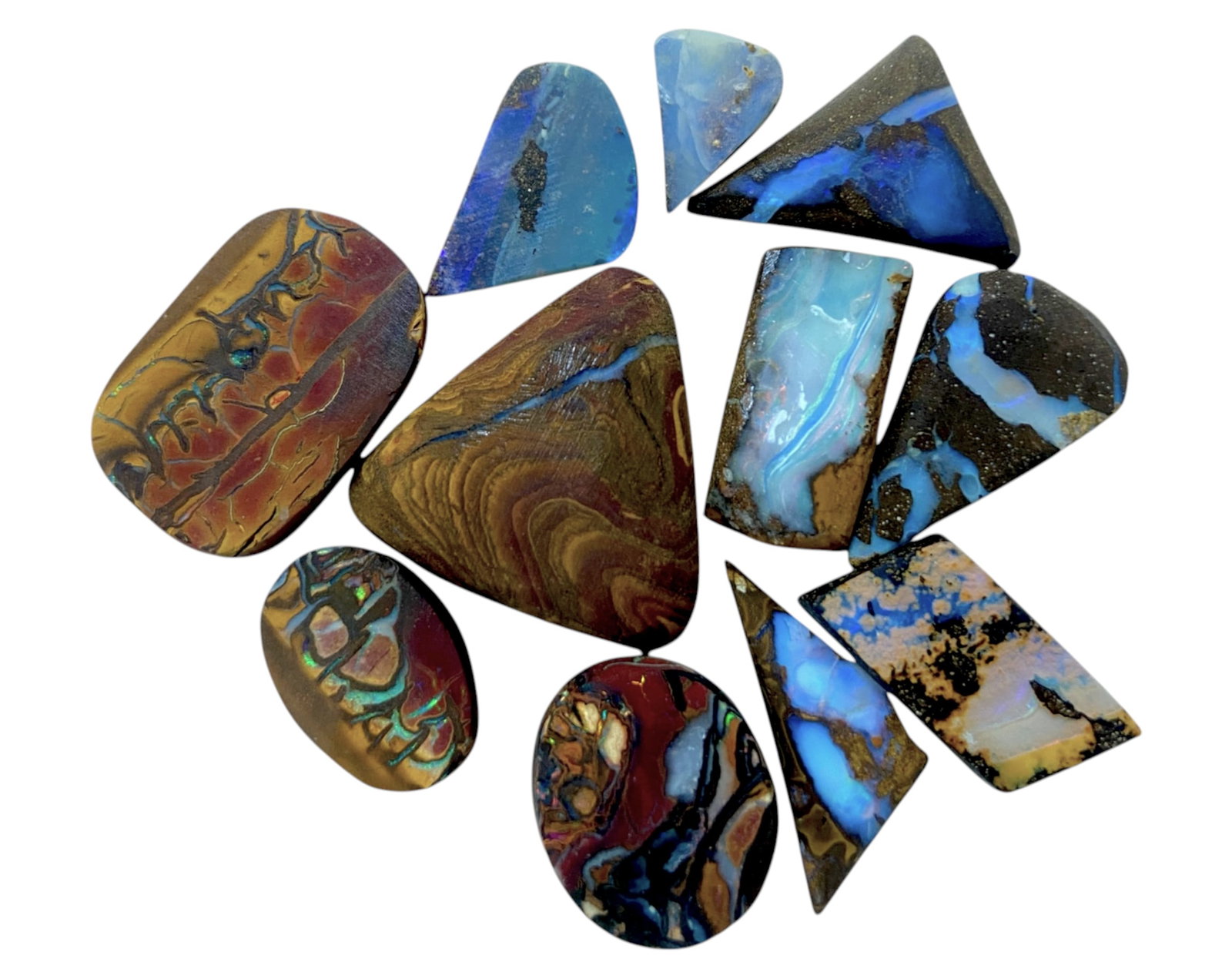 AUSTRALIAN MATRIX BOULDER OPAL - Preform Rough Lot, 11 Pieces, 21.9g, 11-20mm (Images Taken Wet): A dazzling lot of preform Australian matrix boulder opals, with individual sizes. These opals have been rubbed and pre-shaped, highlighting their vibrant natural colors and intricate ironstone matrix 