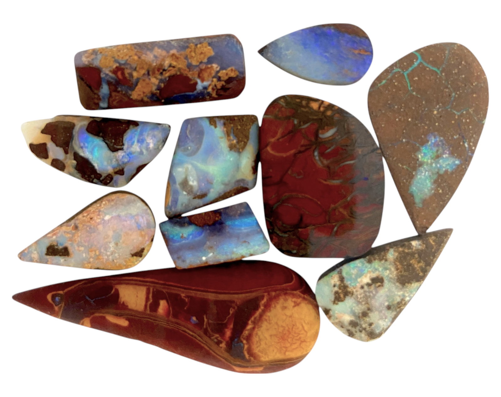 AUSTRALIAN MATRIX BOULDER OPAL - Preform Rough Lot, 10 Pieces, 20g, 15-40.5mm (Images Taken Wet): A dazzling lot of preform Australian matrix boulder opals, with individual sizes. These opals have been rubbed and pre-shaped, highlighting their vibrant natural colors and intricate ironstone matrix 