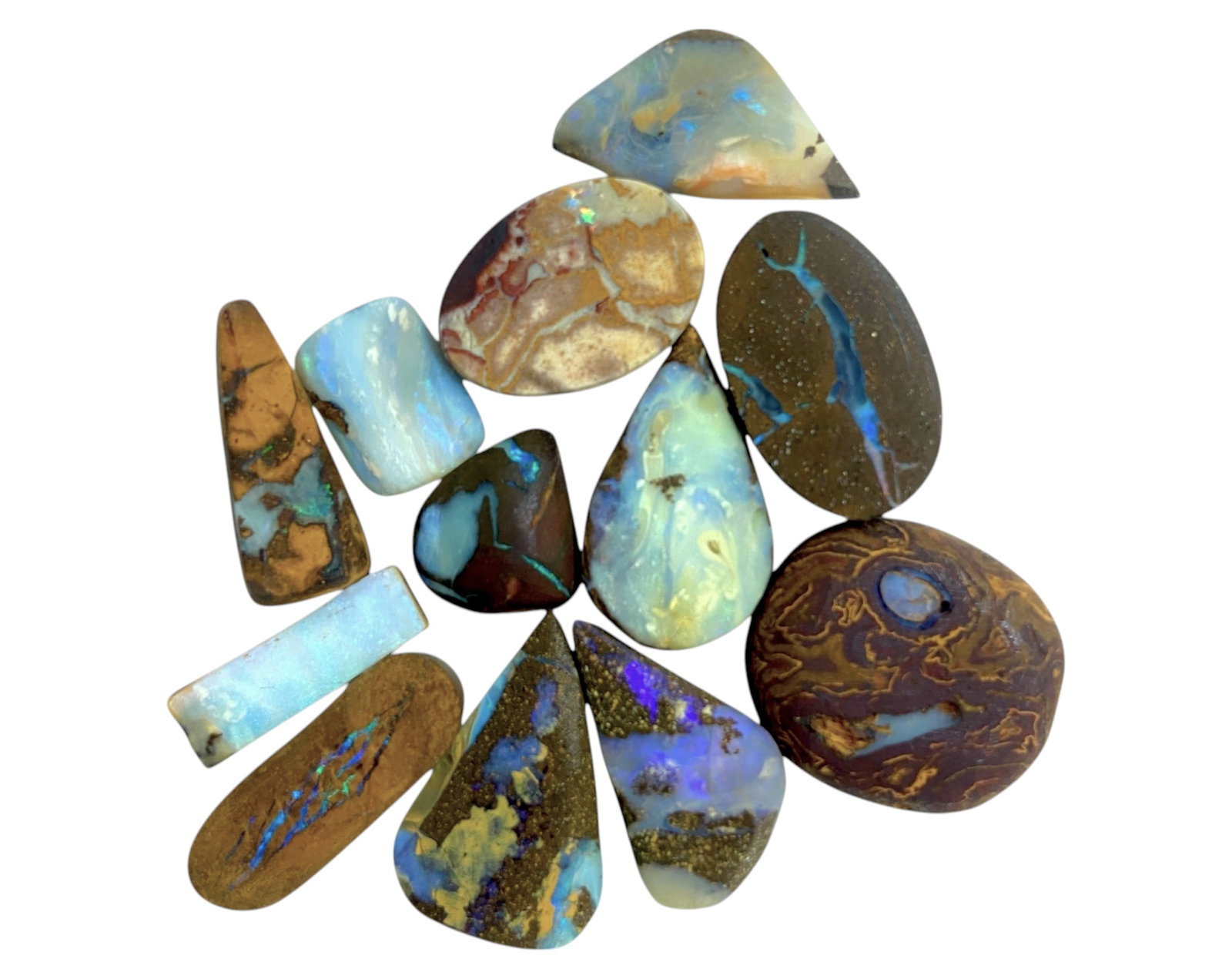 AUSTRALIAN MATRIX BOULDER OPAL - Preform Rough Lot, 12 Pieces, 20.3g, 12-19.7mm (Images Taken Wet): A dazzling lot of preform Australian matrix boulder opals, with individual sizes. These opals have been rubbed and pre-shaped, highlighting their vibrant natural colors and intricate ironstone matrix 