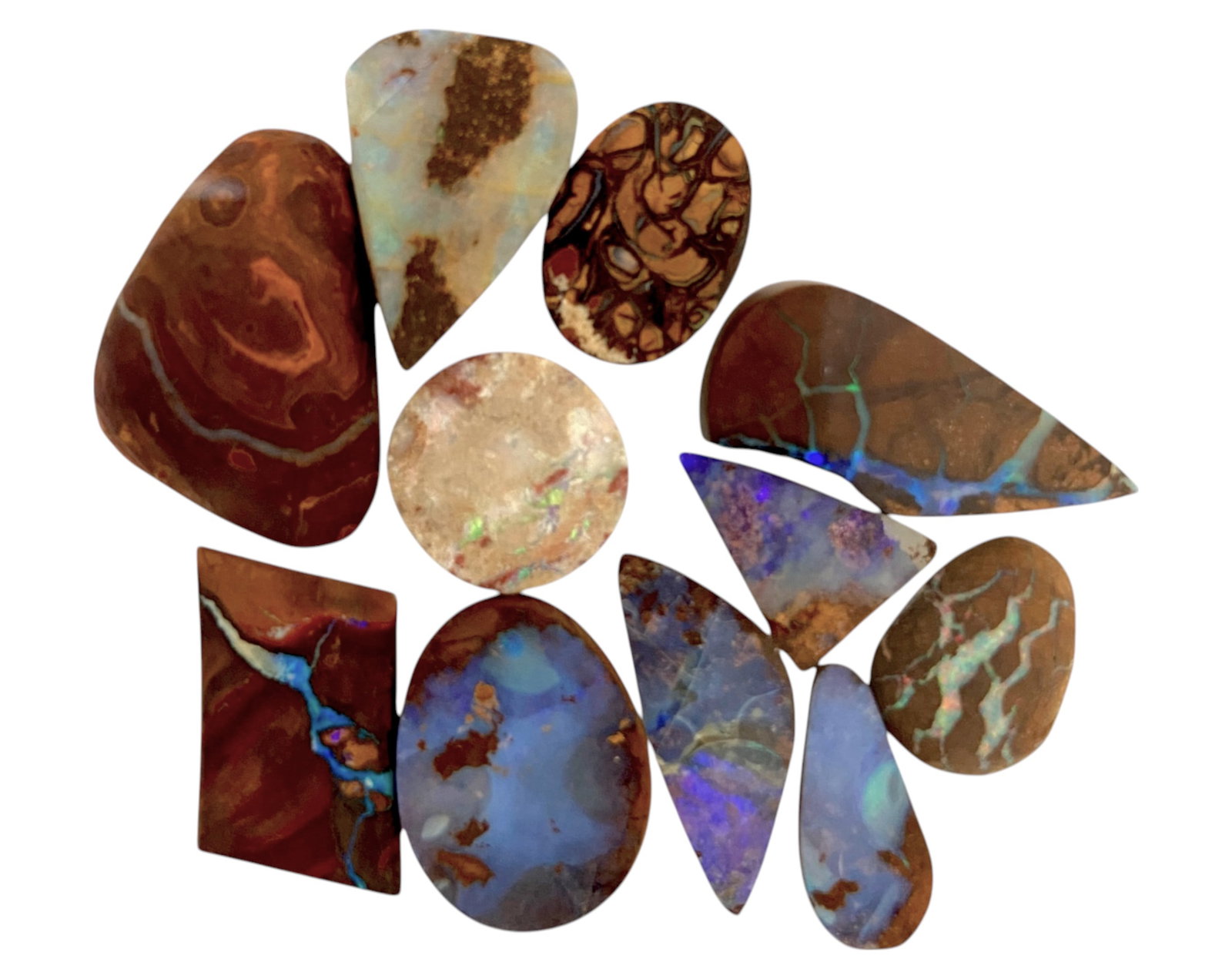 AUSTRALIAN MATRIX BOULDER OPAL - Preform Rough Lot, 11 Pieces, 16.4g, 13.3-23.3mm (Images Taken Wet): A dazzling lot of preform Australian matrix boulder opals, with individual sizes. These opals have been rubbed and pre-shaped, highlighting their vibrant natural colors and intricate ironstone matrix 