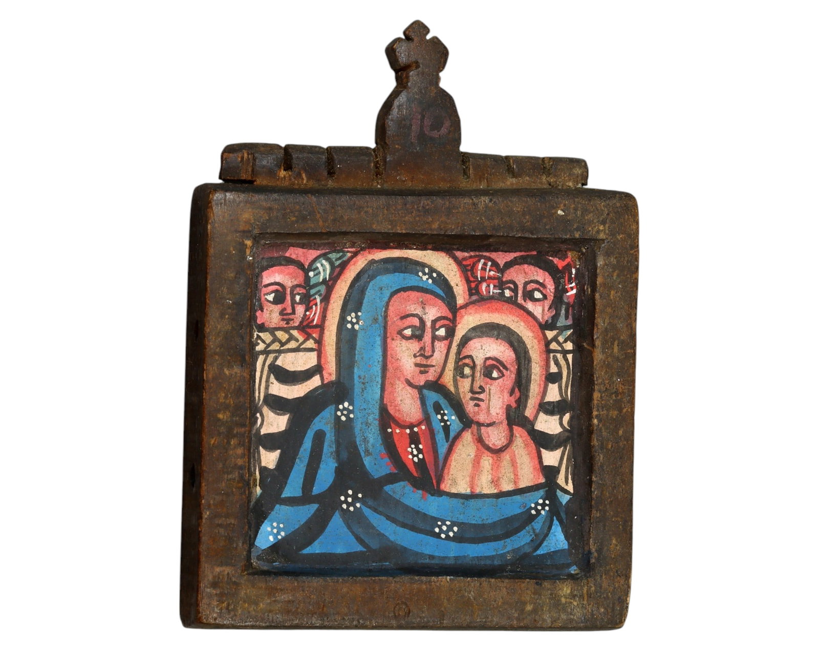 ETHIOPIA: Ethiopian Orthodox Diptych Icon - Hand-Painted Wood, 19th-20th Century: A finely crafted Ethiopian Orthodox diptych icon, hand-painted on wood, measuring approximately 9x6.6 cm and weighing 25.9g. This devotional piece features two vivid religious scenes in traditional Et