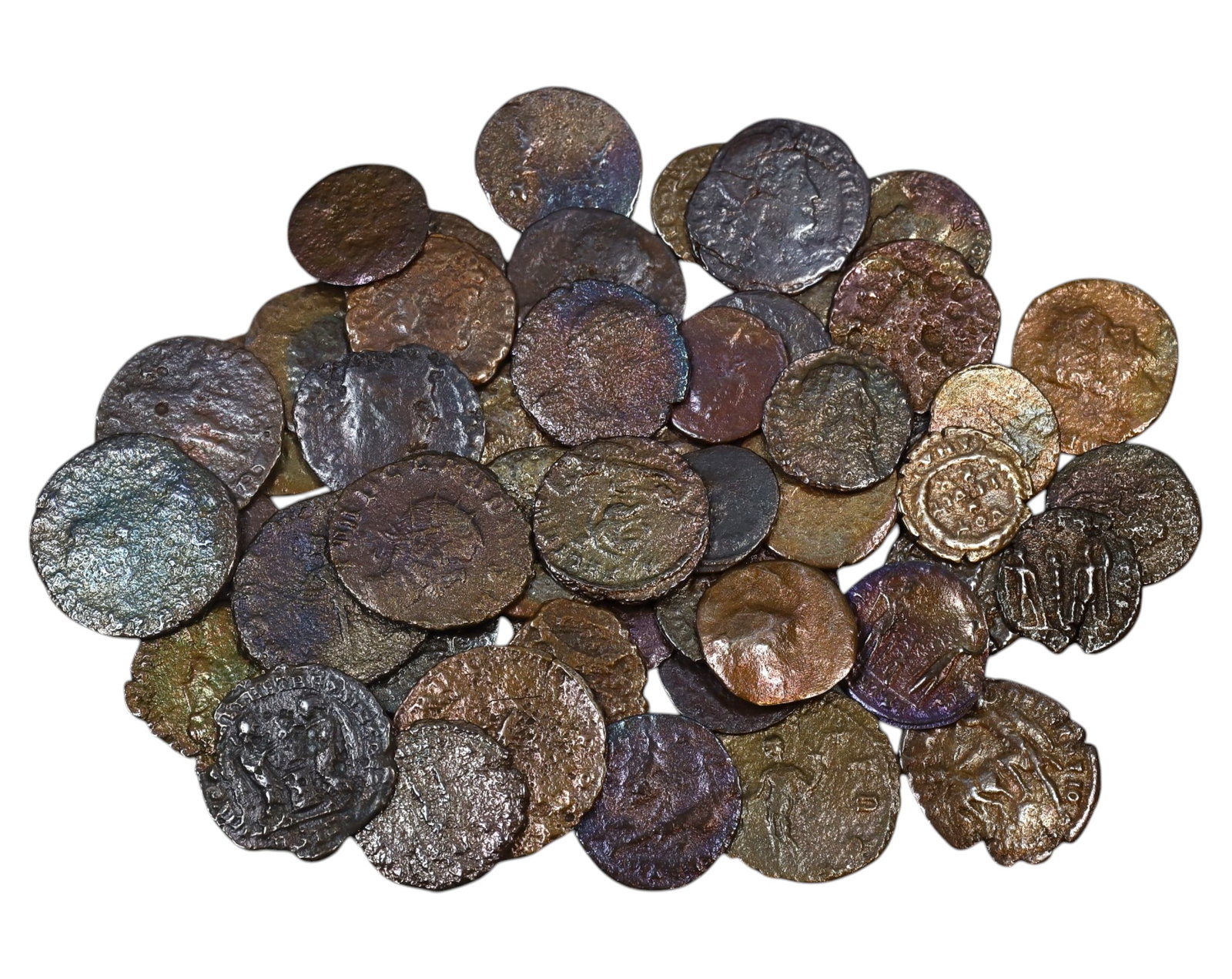 ANCIENT ROME/BYZANTINE: Lot of 50 AE Bronze Coins, 67g,1-2cm: An intriguing lot of AE bronze coins from the late Roman and early Byzantine periods. These diminutive nummi and folles circulated during times of great transition, from the crisis of the late Roman E