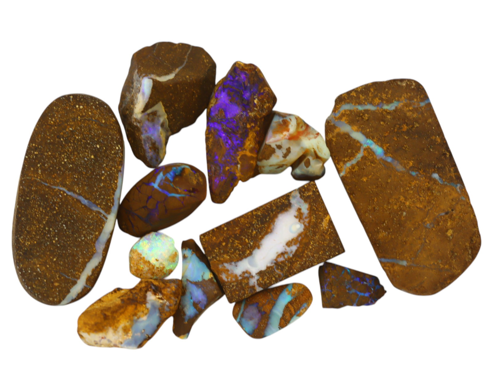AUSTRALIA: Matrix Boulder Opal Rough Lot, 38g, 0.8-3.6 cm (Images Taken Wet): Stunning lot of natural Australian matrix boulder opal rough, these specimens showcase a vibrant interplay of opalized veins and swirls embedded in rich ironstone, displaying flashes of electric blues