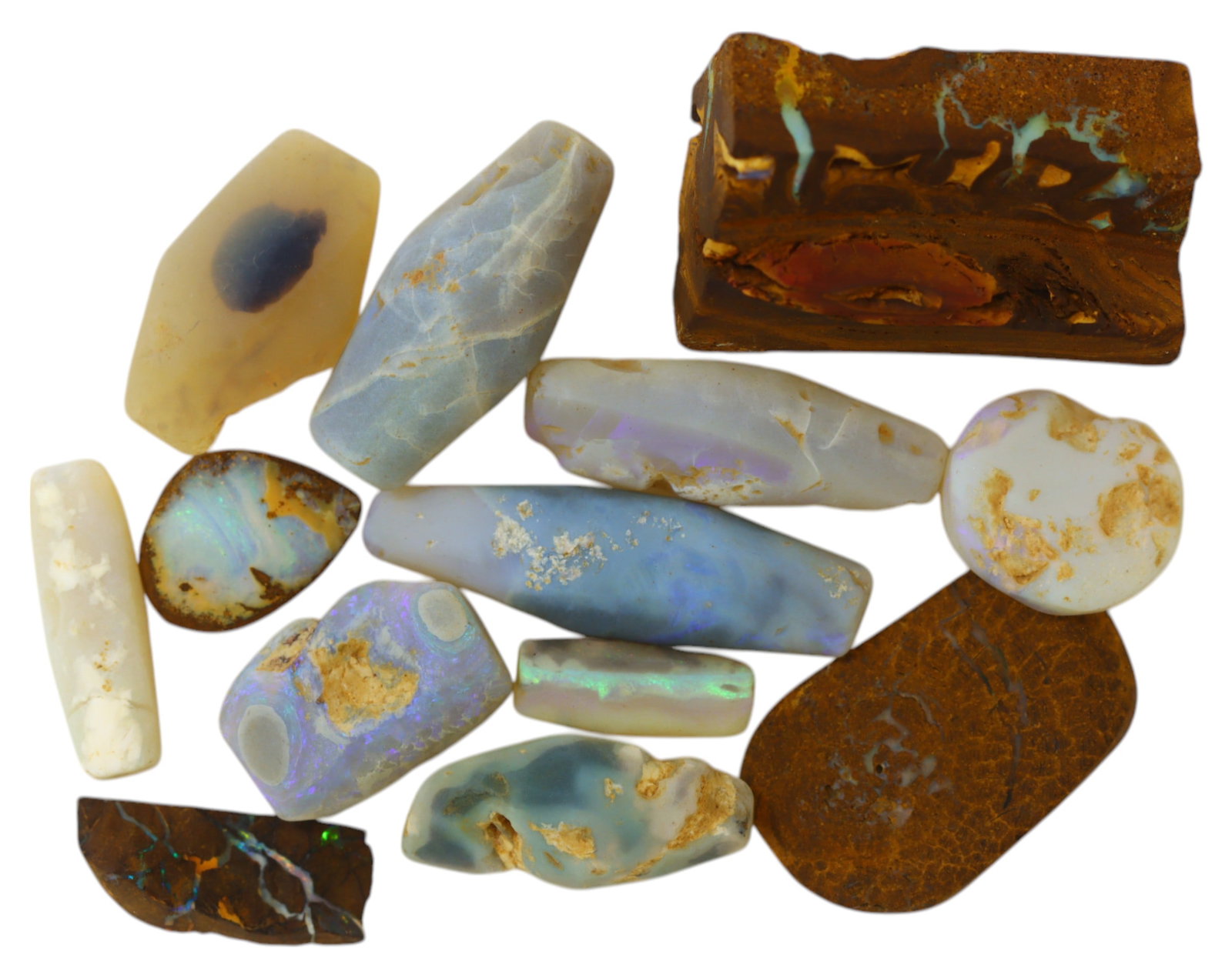 AUSTRALIA: Matrix Boulder Opal Rough Lot, 30g, 1-2.7 cm (Images Taken Wet): Stunning lot of natural Australian matrix boulder opal rough, these specimens showcase a vibrant interplay of opalized veins and swirls embedded in rich ironstone, displaying flashes of electric blues