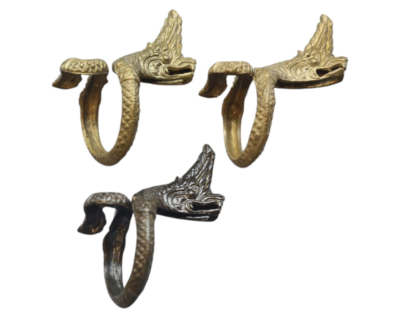 VINTAGE SIAM: Set of 3 Bronze Dragon-Head Rings - Mythical Serpent Design (1 of 2)