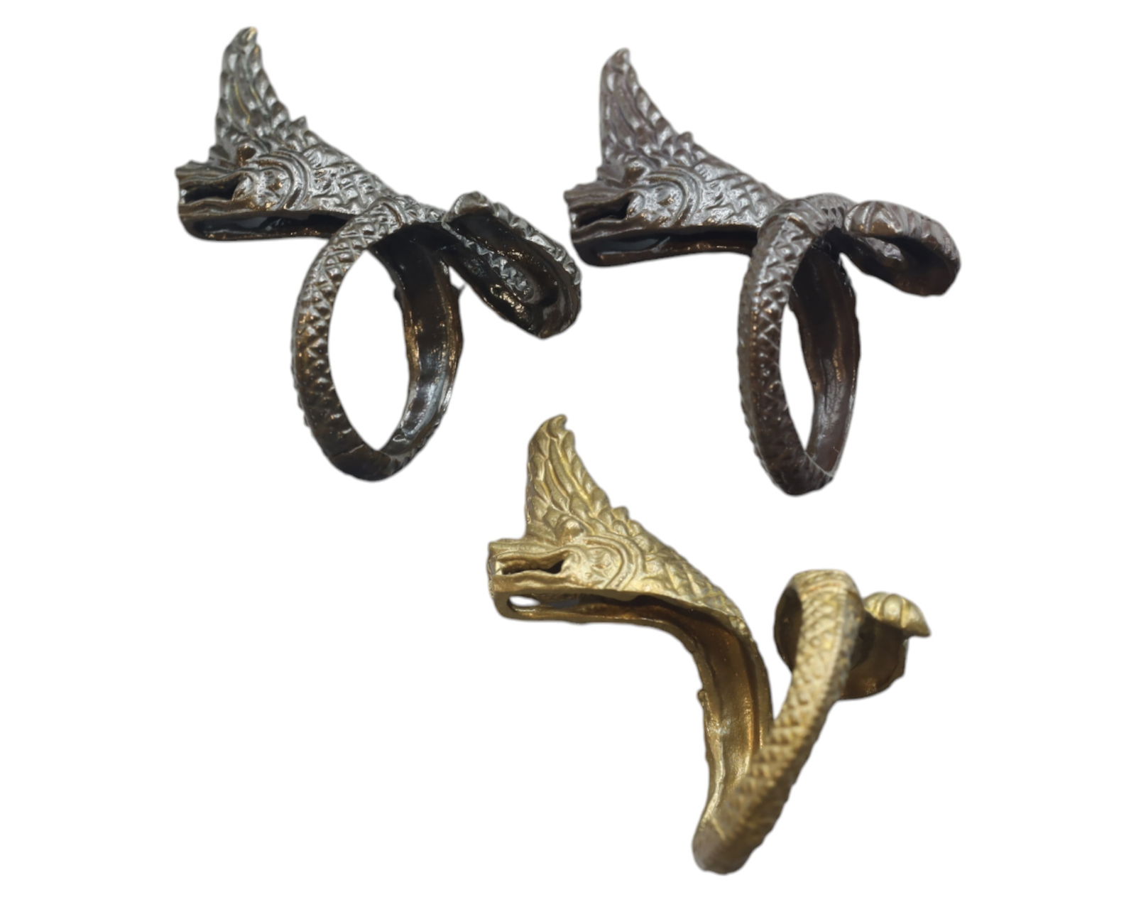 VINTAGE SIAM: Set of 3 Bronze Dragon-Head Rings - Mythical Serpent Design (1 of 2)