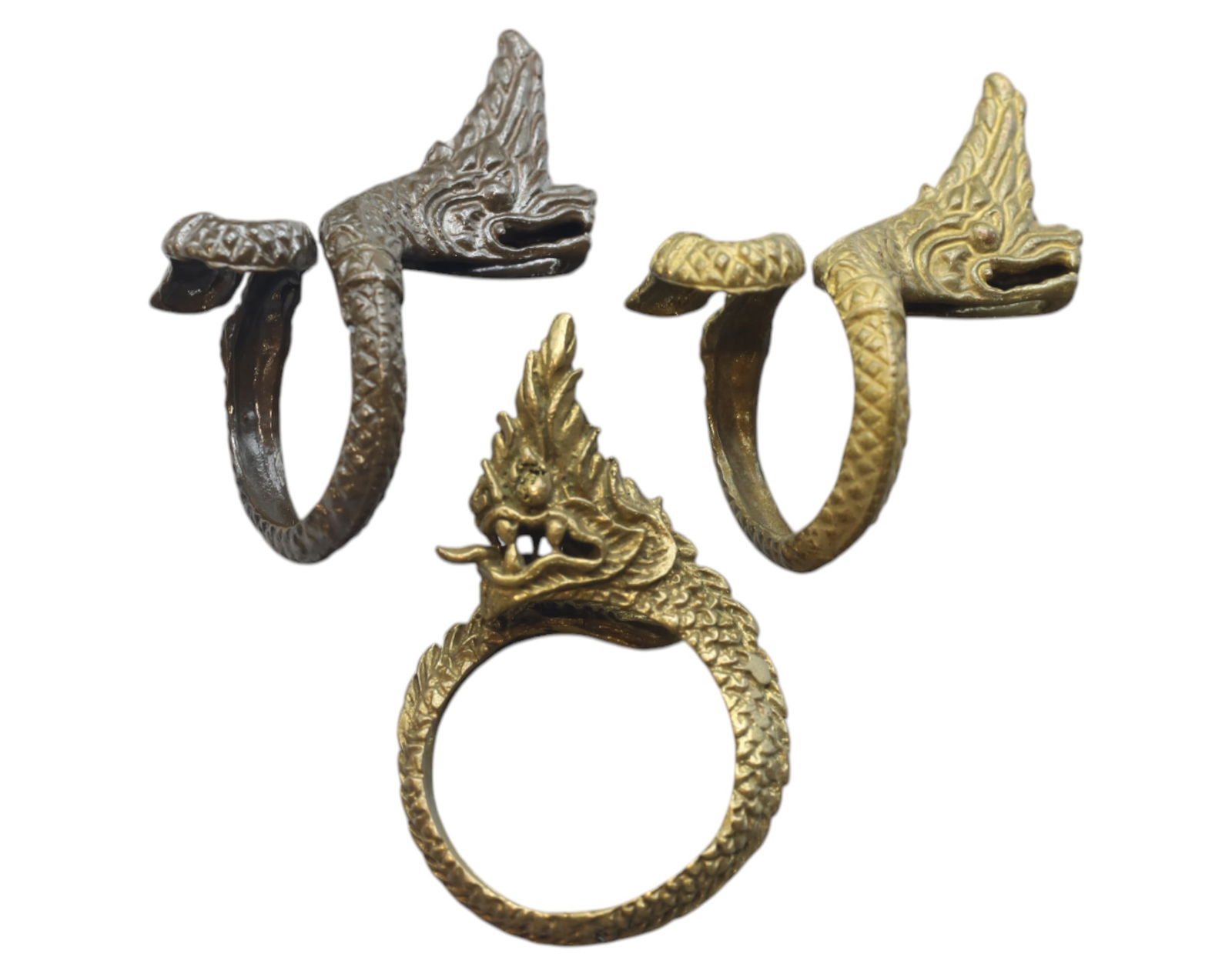 VINTAGE SIAM: Set of 3 Bronze Dragon-Head Rings - Mythical Serpent Design (1 of 2)