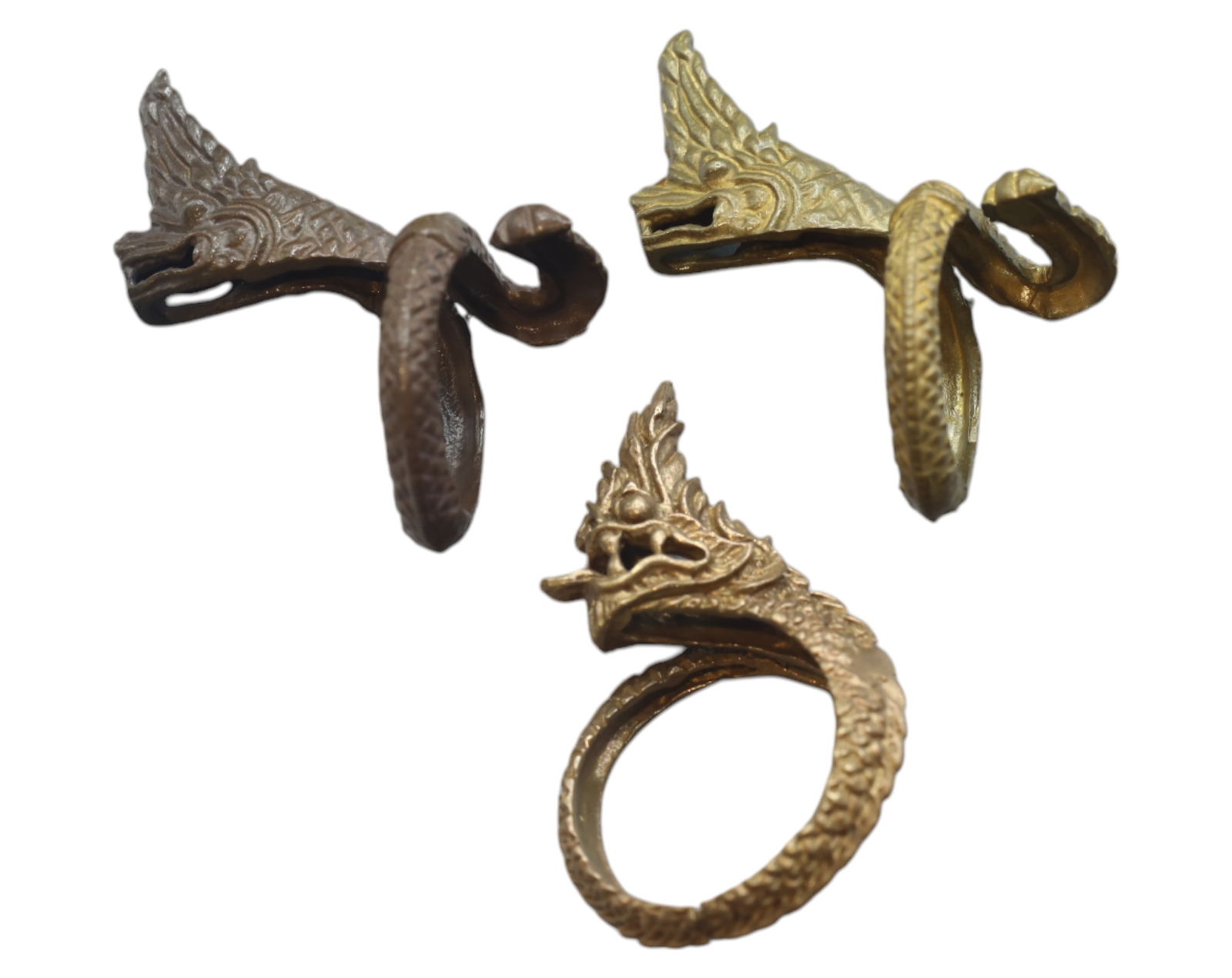 VINTAGE SIAM: Set of 3 Bronze Dragon-Head Rings - Mythical Serpent Design (1 of 2)