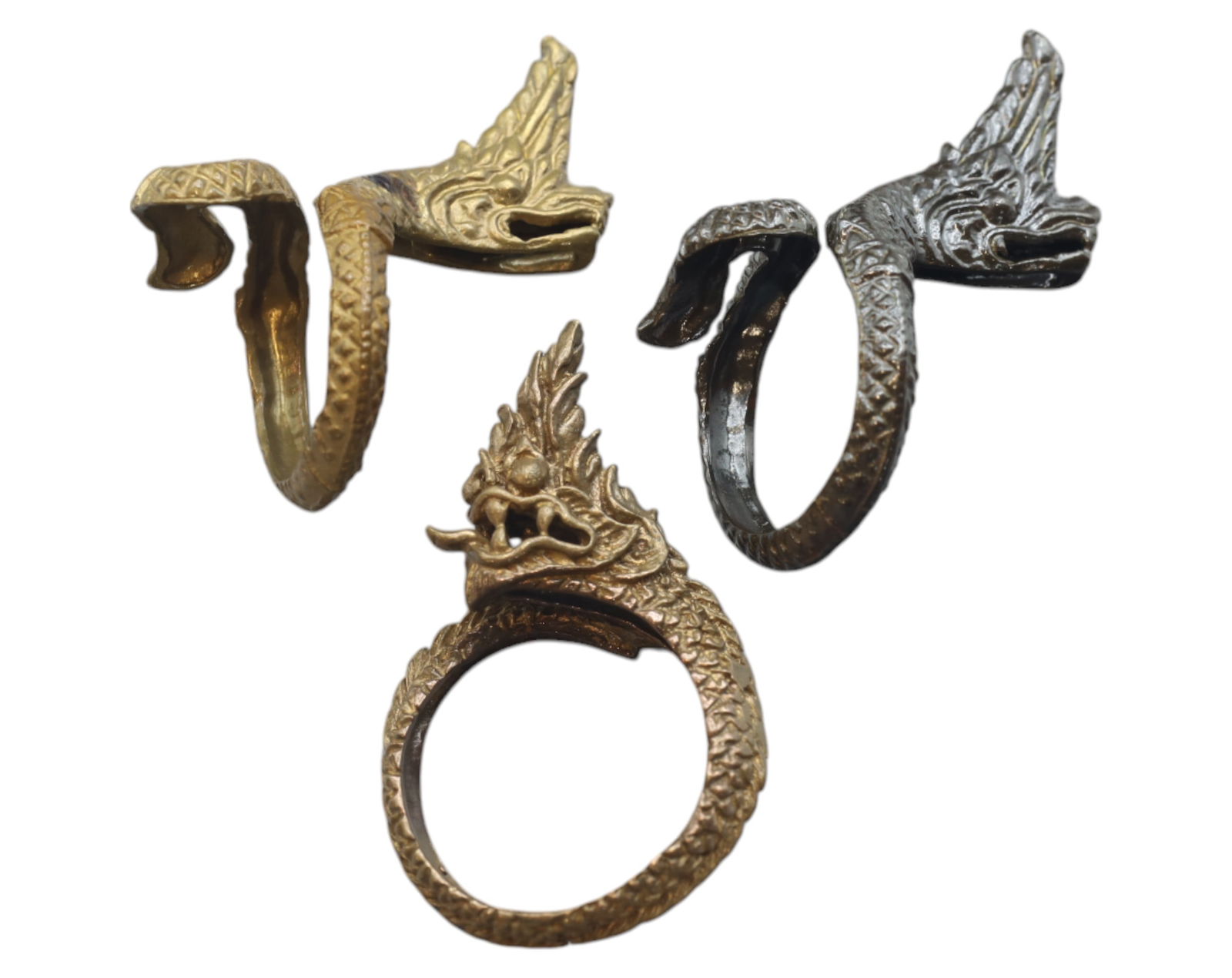 VINTAGE SIAM: Set of 3 Bronze Dragon-Head Rings - Mythical Serpent Design (1 of 2)