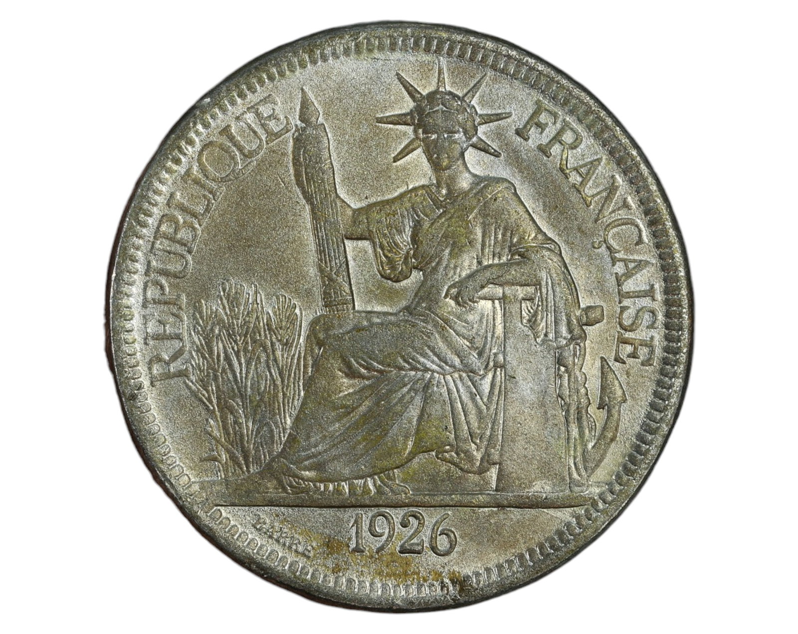 FRENCH INDOCHINA: Piastre de Commerce - Silver, 1926: A 1926 Piastre de Commerce, struck for French Indochina, measuring 3.9 cm in diameter and weighing 26g. The obverse depicts a seated Liberty, draped in flowing robes, holding a fasces and resting her 