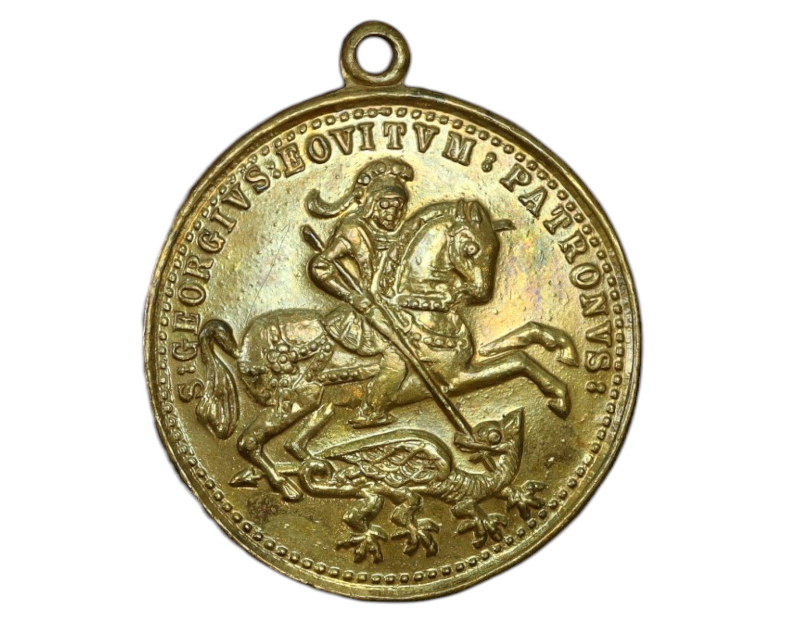 GERMANY: St. George Religious Pendant Medal - Brass, 18th-19th Century, 37x23mm, 4.8g: A brass religious pendant medal featuring St. George slaying the dragon, a powerful symbol of protection and triumph over adversity. The Latin inscription "S. GEORGIUS EQUITUM PATRONUS" translates to 