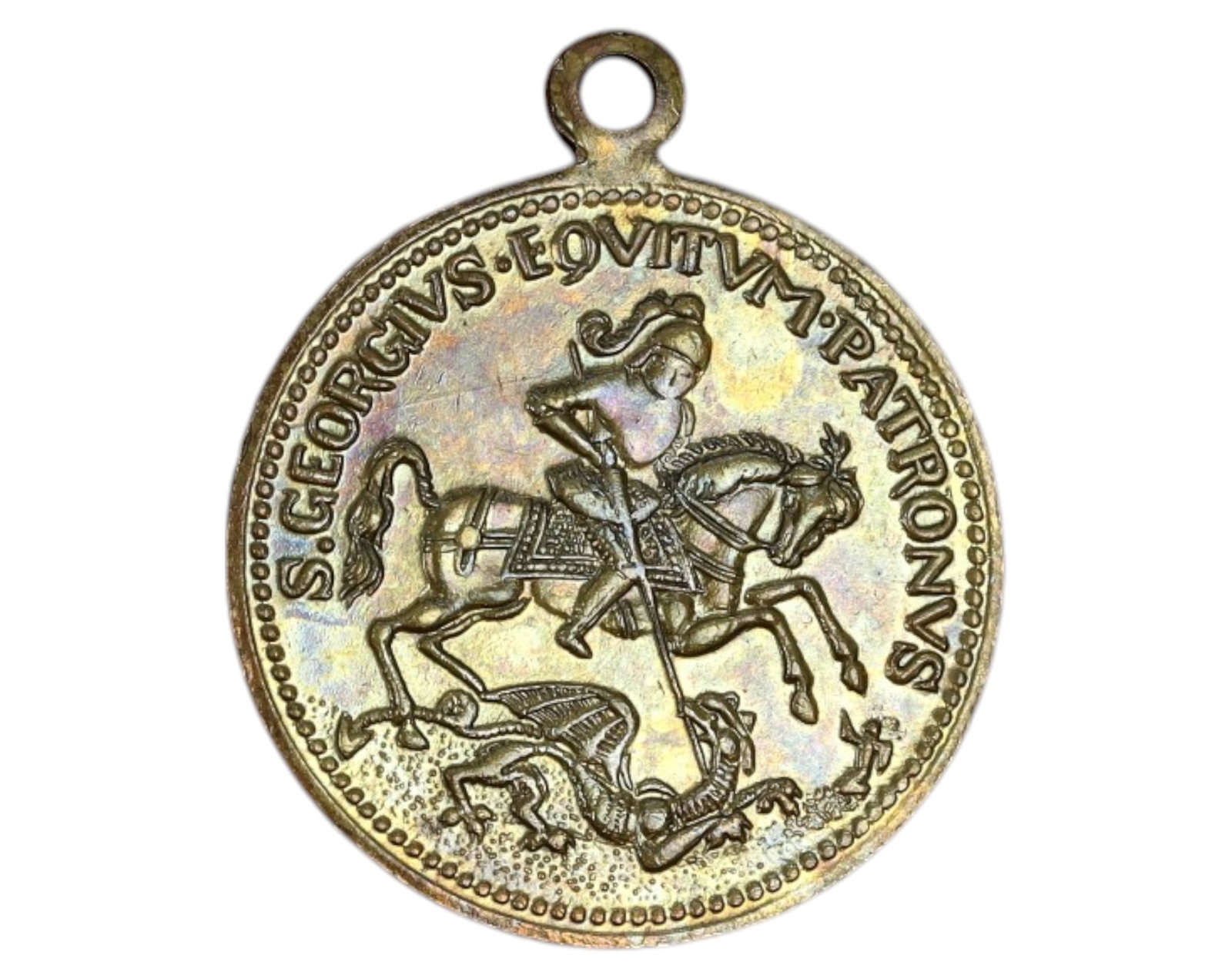 EUROPE: St. George & Maritime Safety Medal - 19th Century: A finely detailed devotional and maritime protection medal, struck in brass, measuring 20x24mm and weighing 2.5g. The obverse showcases St. George slaying the dragon, a timeless symbol of protection a
