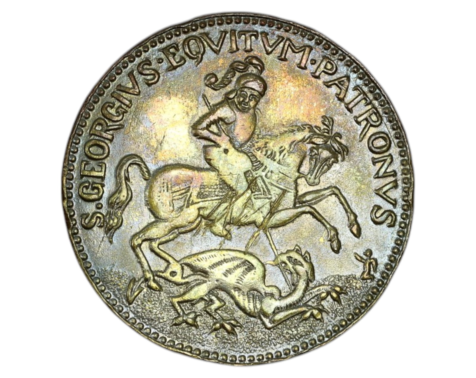 EUROPE: St. George & the Dragon Medal - Silvered, 2.5cm, 3.6g: A finely struck silvered devotional medal, measuring 2.5 cm in diameter and weighing 3.6g, featuring the iconic depiction of St. George slaying the dragon. The Latin inscription "S. GEORGIUS EQUITUM P
