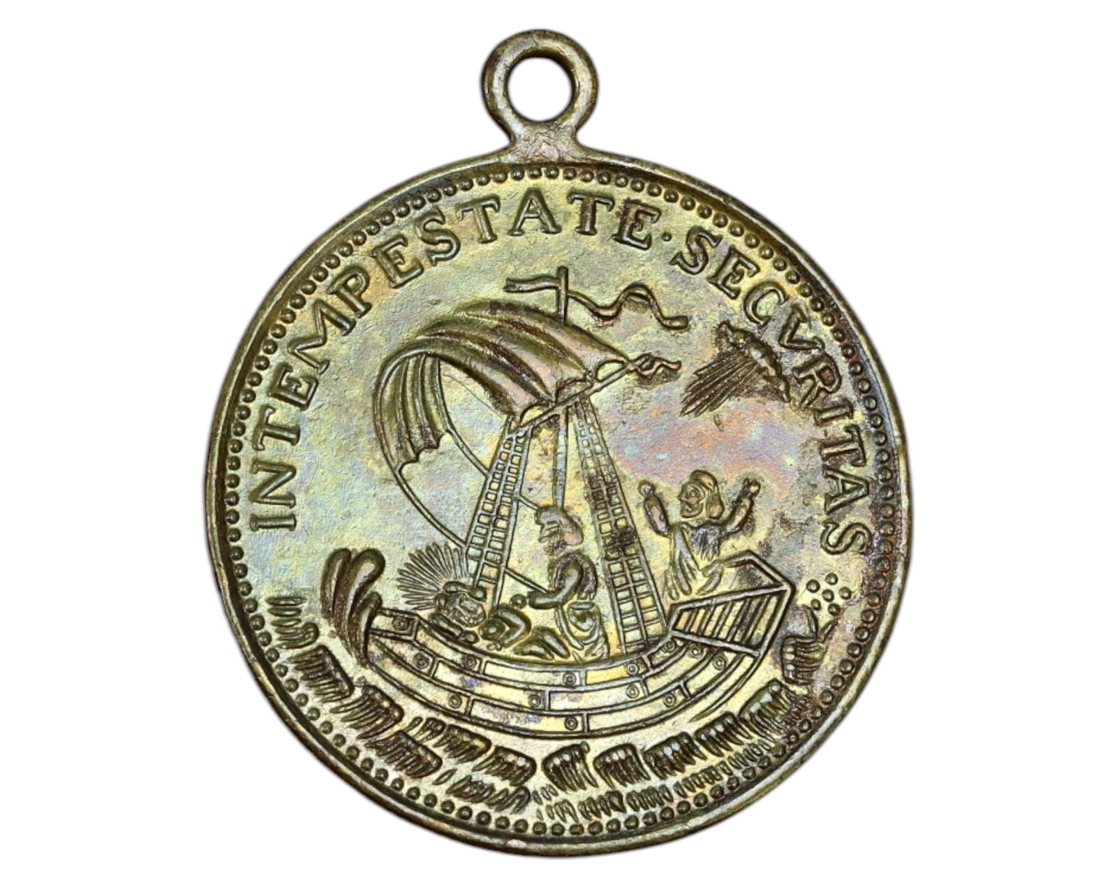 EUROPE: Saint George & "IN TEMPESTATE SECURITAS" Medal - Brass, 2.5x2.9cm, 3.8g, 18th-19th Century: A beautifully preserved Saint George devotional medal, struck in brass, measuring 2.5 x 2.9 cm and weighing 3.8g. The obverse depicts Saint George slaying the dragon, a powerful symbol of divine prote