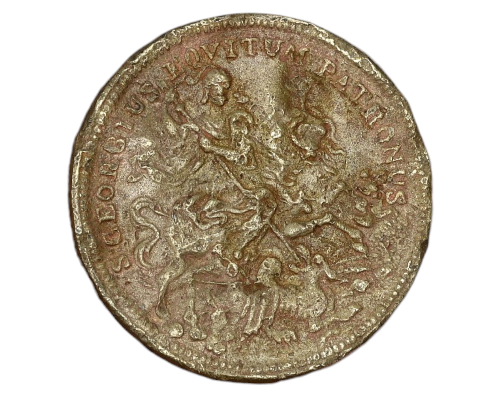 EUROPE: Saint George & "IN TEMPESTATE SECURITAS" Medal - Brass, 2.4cm, 3.6g, 18th-19th Century: A well-worn Saint George devotional medal, struck in brass, measuring 2.4 cm in diameter and weighing 3.6g. The obverse depicts Saint George slaying the dragon, a classic symbol of divine intervention