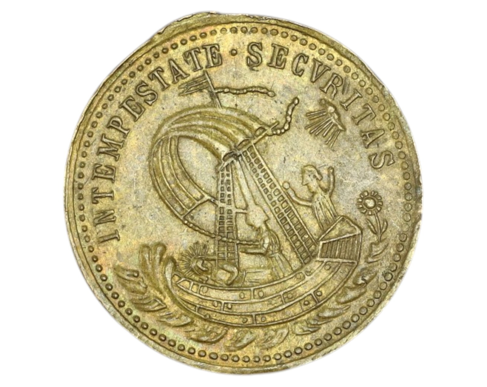 GERMANY: St. George & Maritime Safety Medal - Brass, 18th-19th Century: A small yet intricately detailed brass medal featuring St. George slaying the dragon, a classic symbol of courage and divine protection. The Latin inscription "S. Georgius Equitum Patronus" translates
