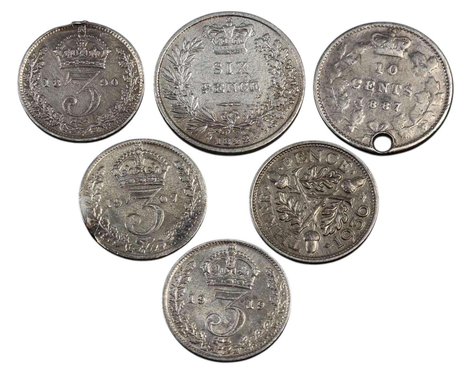 UNITED KINGDOM & COMMONWEALTH: Silver Coin Lot - 6 Coins, 1842-1936 (1 of 3)