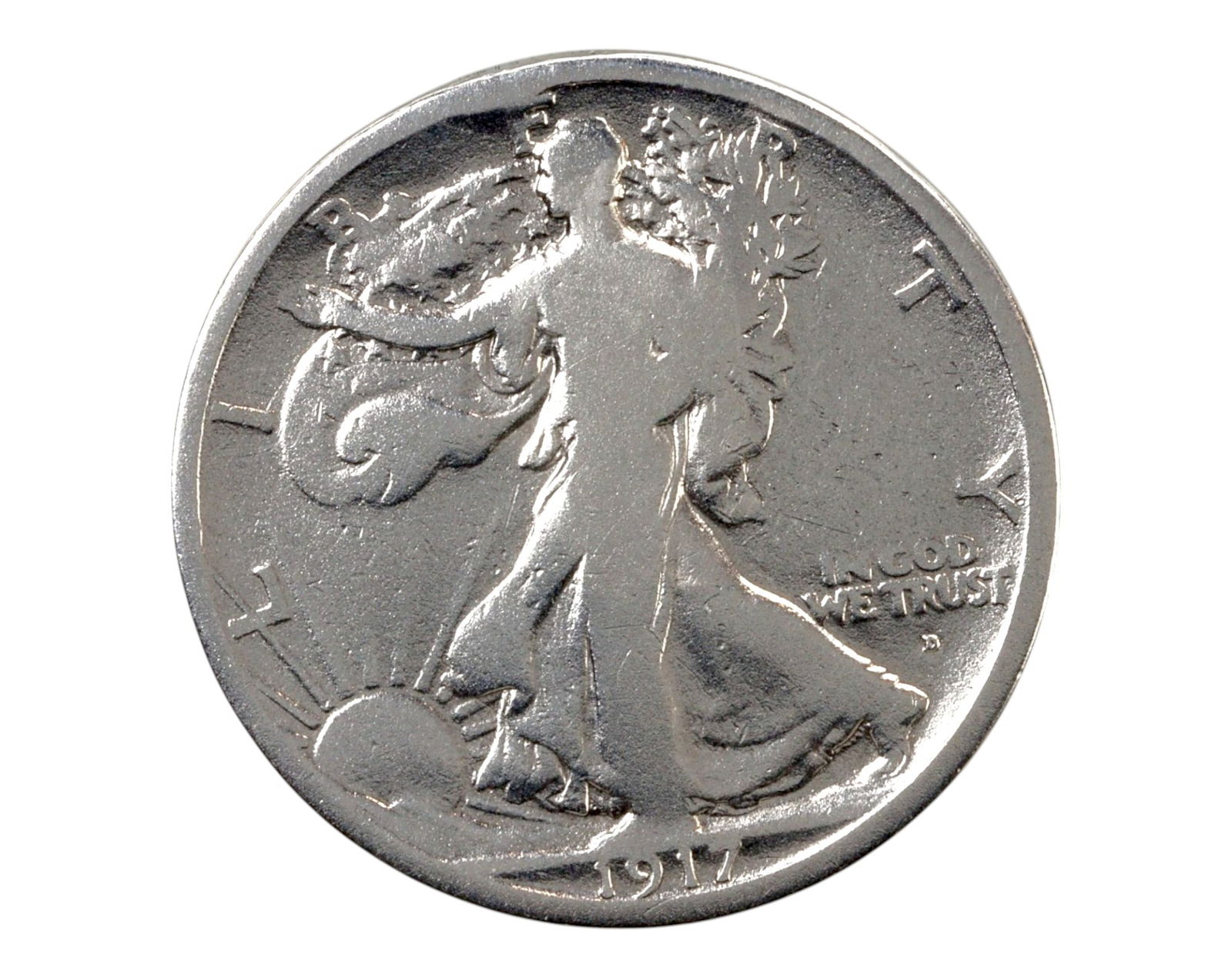 USA: 1917-D Walking Liberty Half Dollar, Obverse Mintmark, Silver Coin (1 of 3)