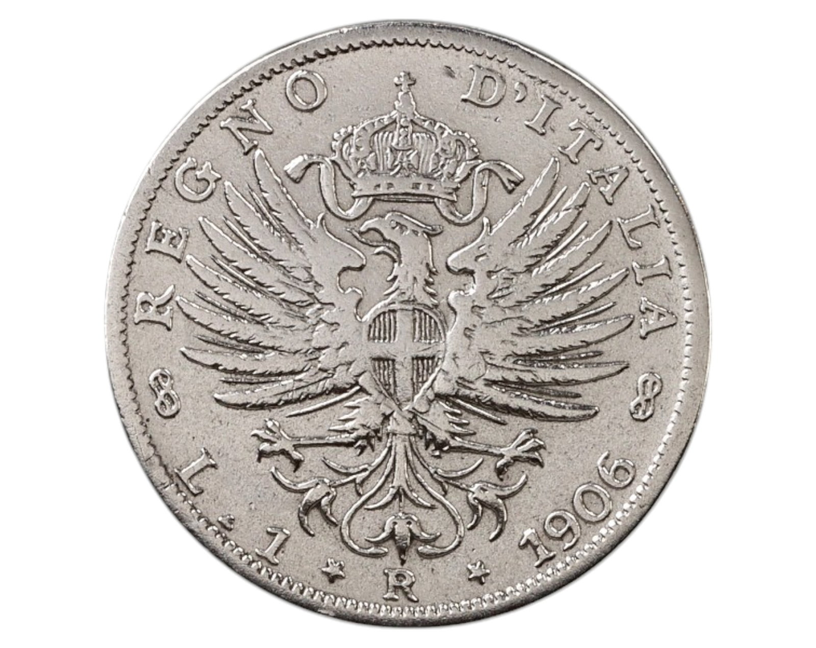 ITALY: Kingdom of Italy - 1 Lira, 1906, Silver Coin, Vittorio Emanuele III: A 1 Lira coin from 1906, issued under King Vittorio Emanuele III (1900-1946) during the Kingdom of Italy. The obverse features a right-facing portrait of the king, with the inscription "VITTORIO EMANU