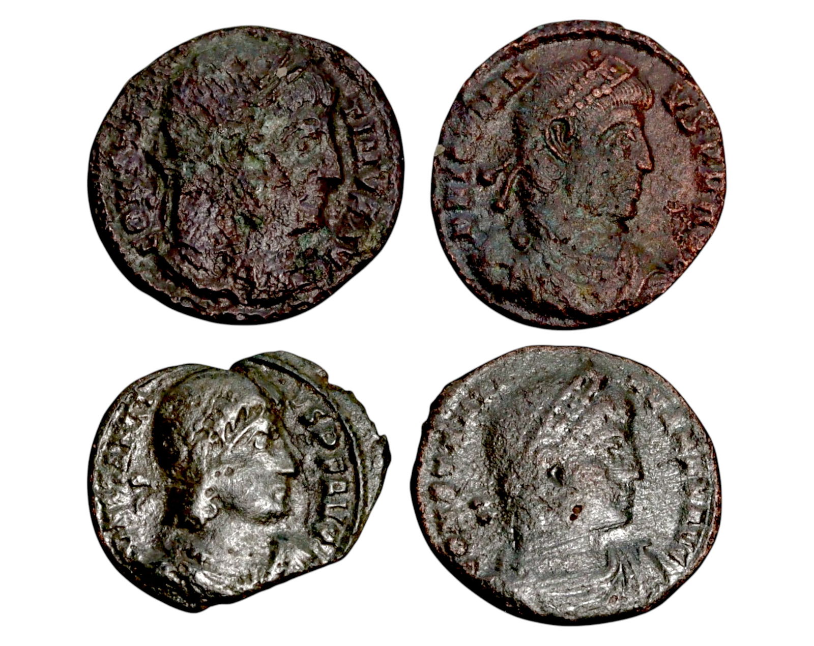 ROMAN EMPIRE: AE Coins ? Bronze Coins, 14-19mm, 8.7g (Lot of 4): A collection of four ancient Roman bronze coins, each featuring a distinct imperial portrait on the obverse and various symbolic or military-themed reverses. These coins, essential to Roman commerce a