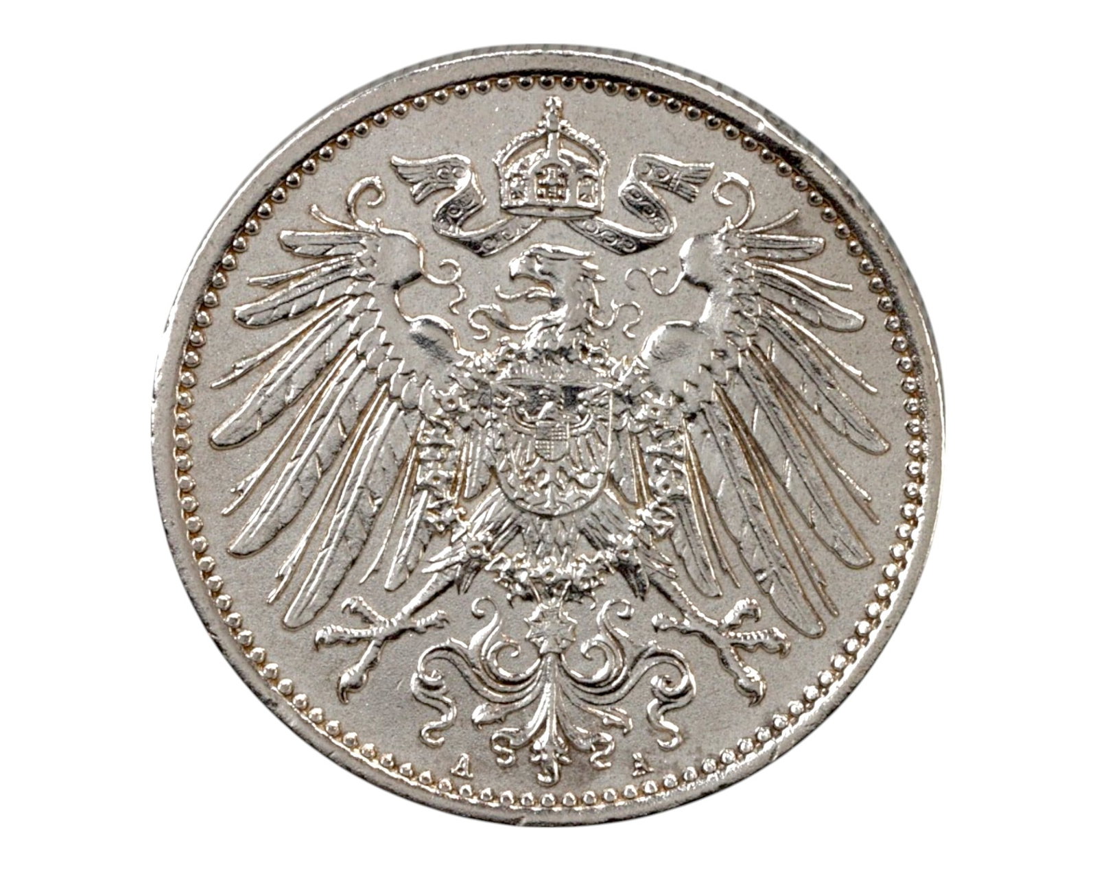 GERMANY: Wilhelm II Silver 1 Mark Coin - Berlin Mint, 1915 A, 2.4cm, 5.5g: Struck during the final years of the German Empire, this 1915 A silver 1 Mark was issued under Kaiser Wilhelm II, reflecting the empire's economic stability amid World War I. The obverse showcases the