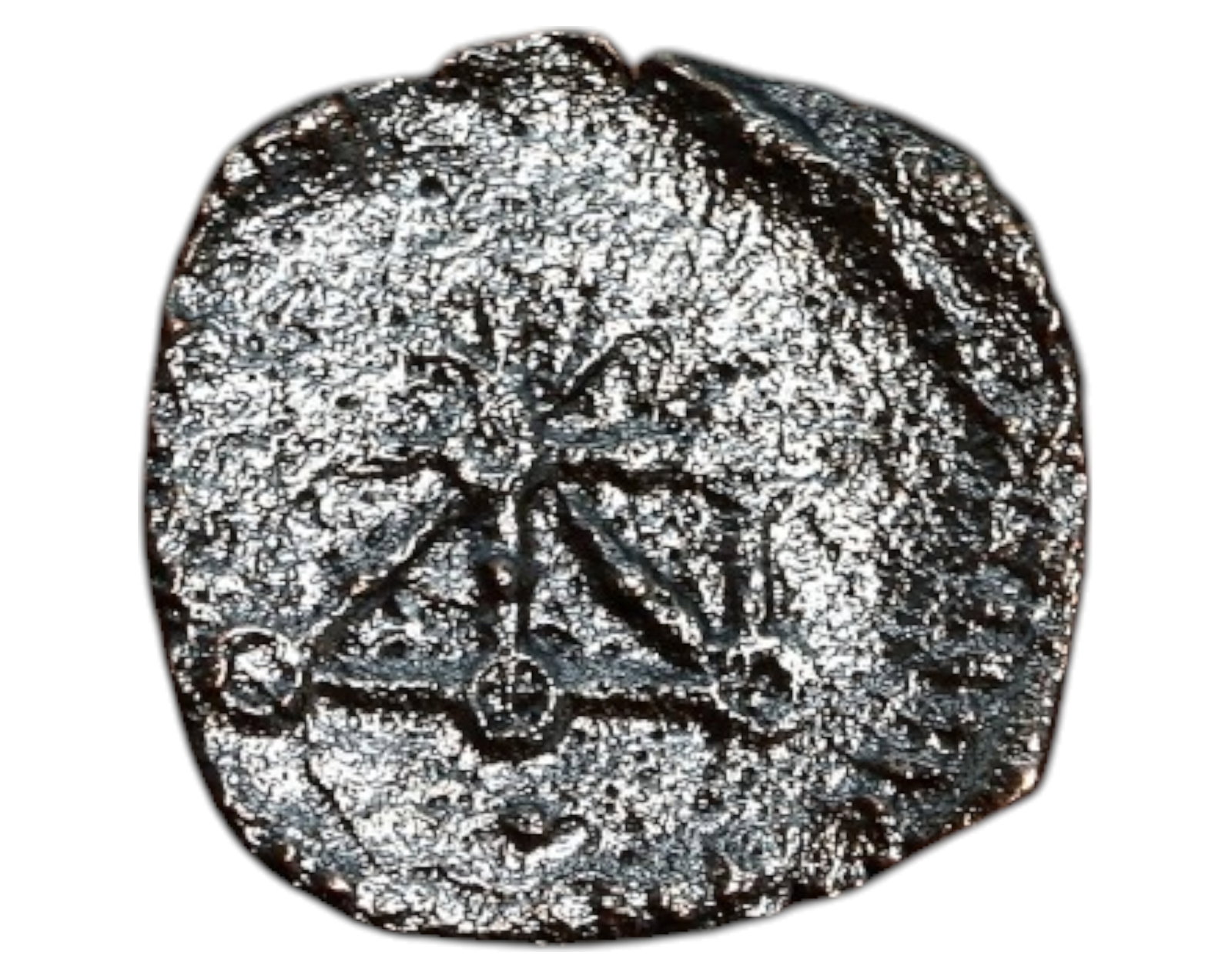 NAVARRE: Medieval Kingdom - Billon Cornado Coin, 13x14mm, 0.7g: A billon Cornado Coin from the Kingdom of Navarre, struck in medieval Spain, measuring 13x14mm and weighing 0.7g. The obverse features a radiant cross or star design, an emblematic motif of Navarrese 