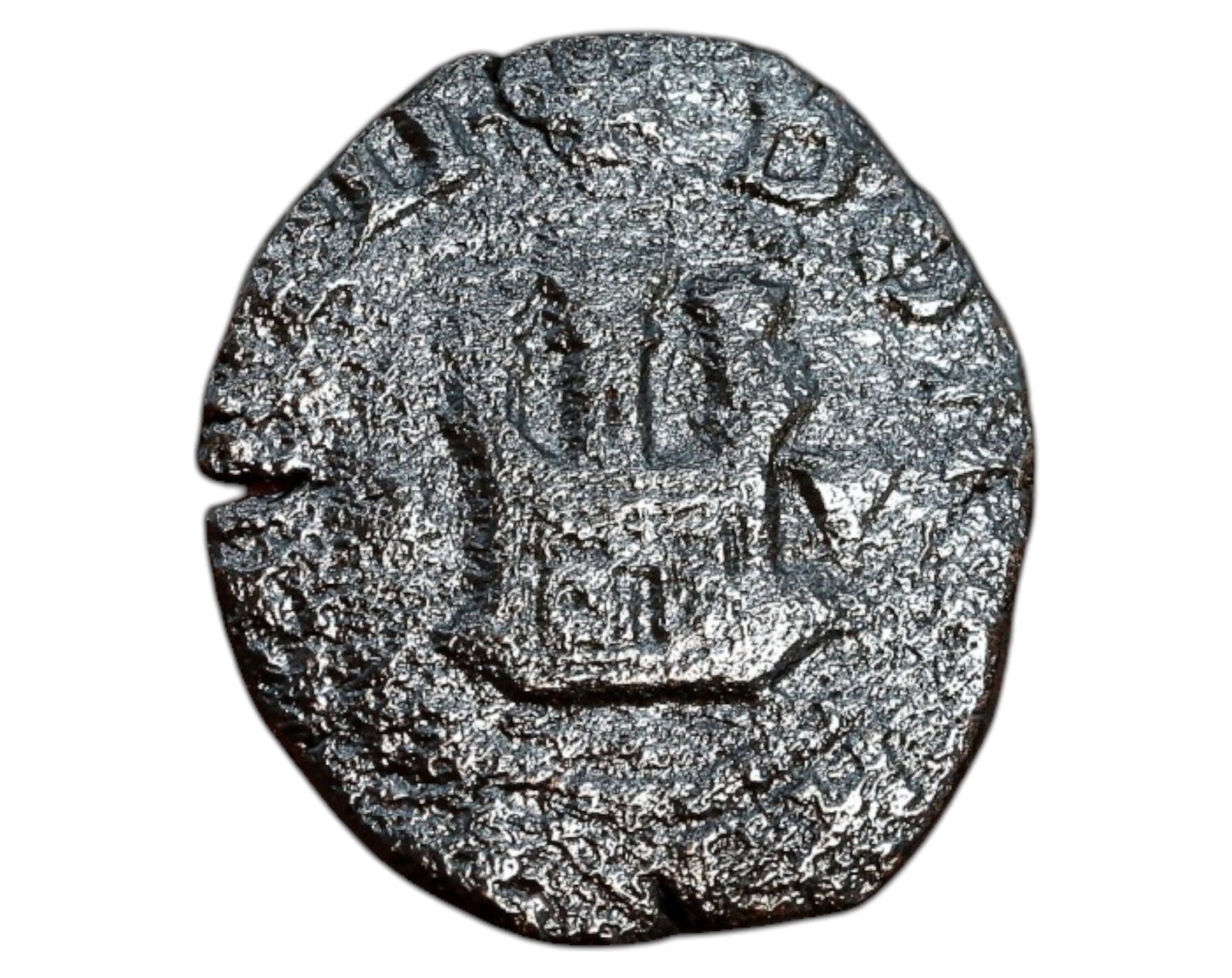 SPAIN: Philip II, 2 Maravedis Coin, Coruna Mint (1556-1598): A 2 Maravedis Coin coin issued under Philip II of Spain (1556-1598), struck in Coruna, weighing 3.3g and measuring 22x20mm. The obverse features a castle, a classic emblem of Castile, while the revers