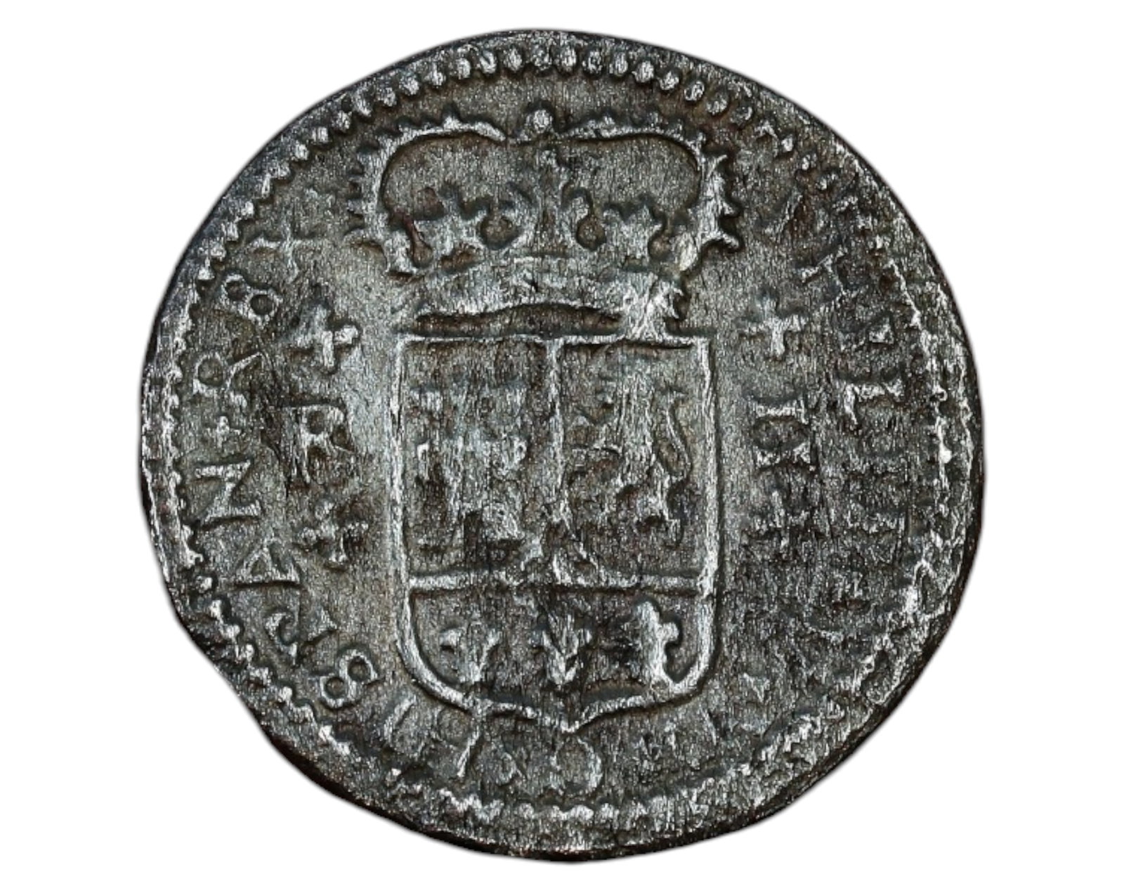 SPAIN: Philip V (1700-1746) - 2 Maravedis Coin, 1720, Barcelona Mint: A 2 Maravedis Coin copper coin from the reign of Philip V of Spain (1700-1746), minted in Barcelona in 1720. The obverse features a crowned bust of Philip V surrounded by a partially legible Latin leg