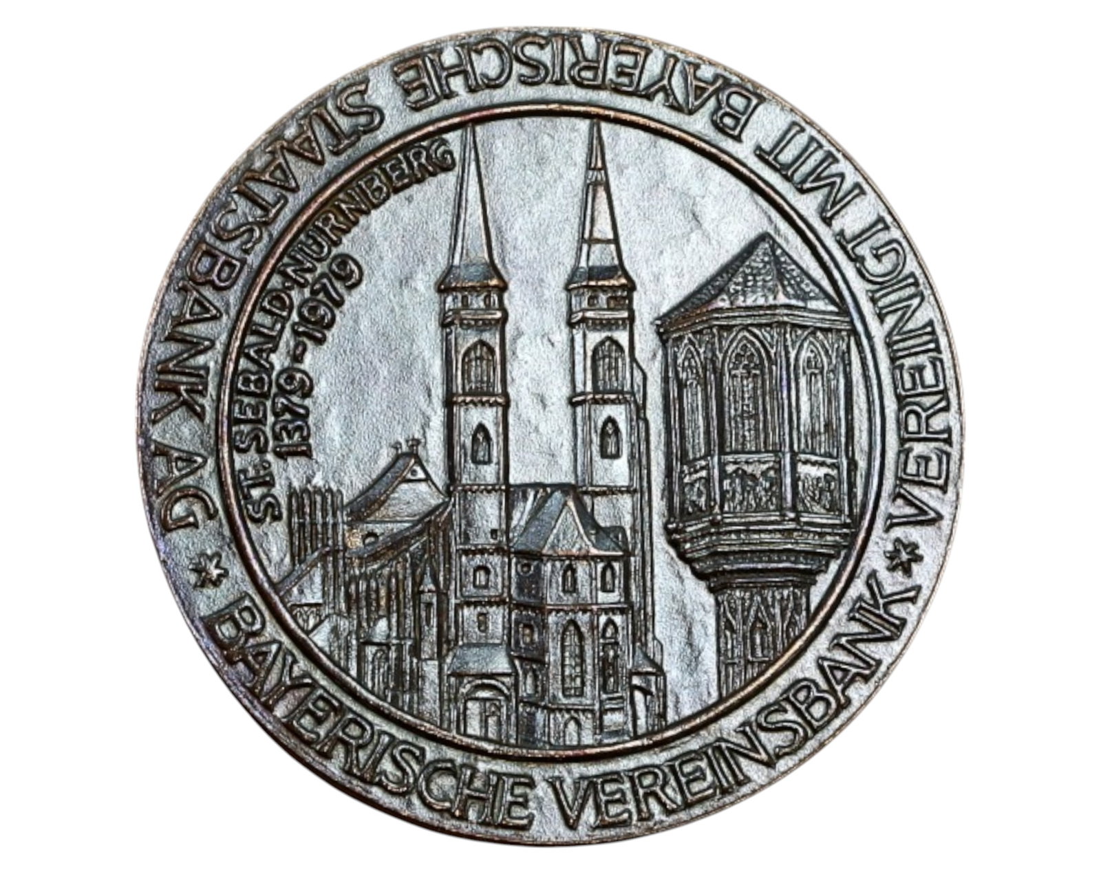 GERMANY: Nurnberg Silver Medal - 600 Years of St. Sebaldus Church, 1379-1979: A finely detailed silver medal issued in 1979, commemorating the 600th anniversary (1379-1979) of St. Sebaldus Church in Nuremberg. Measuring 22mm in diameter and weighing 6.9g, this piece celebrates 